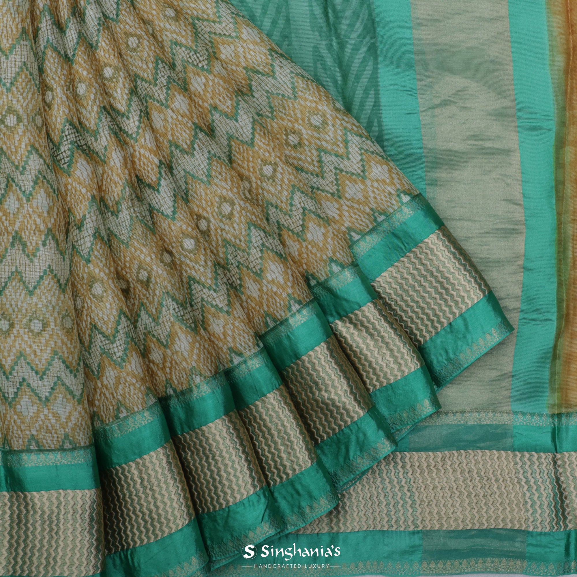 Green Multicolour Printed Maheshwari Silk Saree With Geometrical Pattern