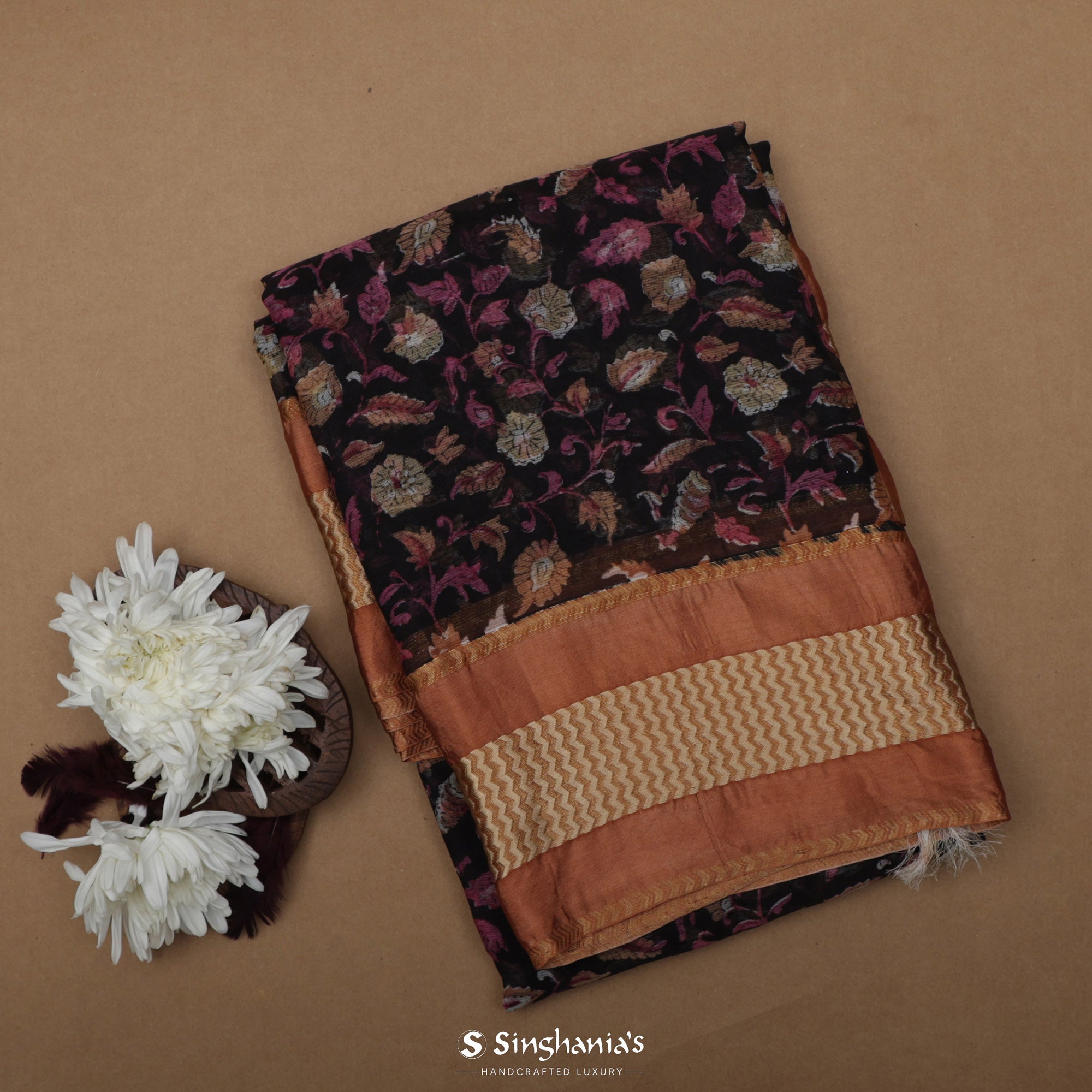 Deep Purple Printed Maheshwari Saree With Floral Jaal Design