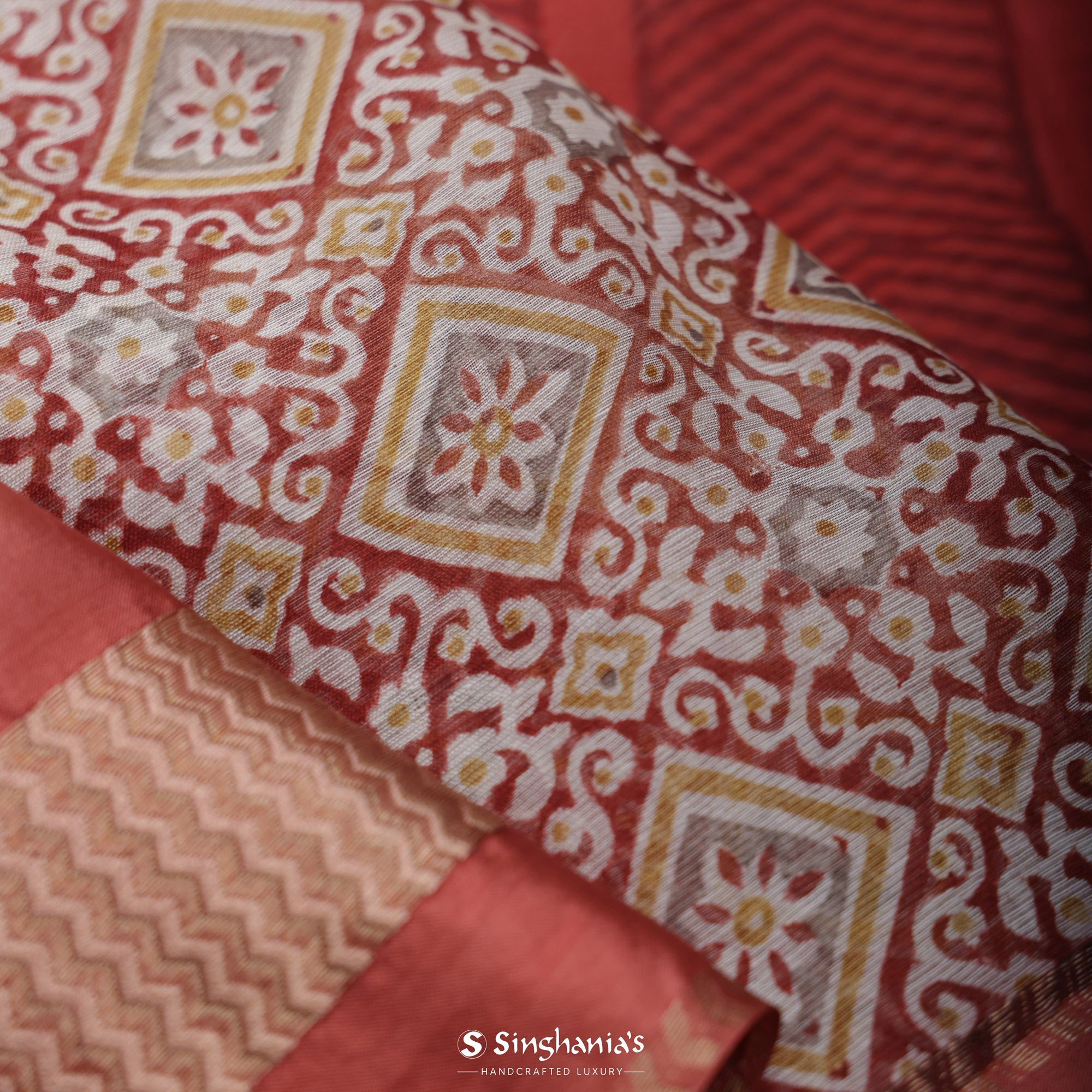 Red Printed Maheshwari Saree With Floral Jaal Design