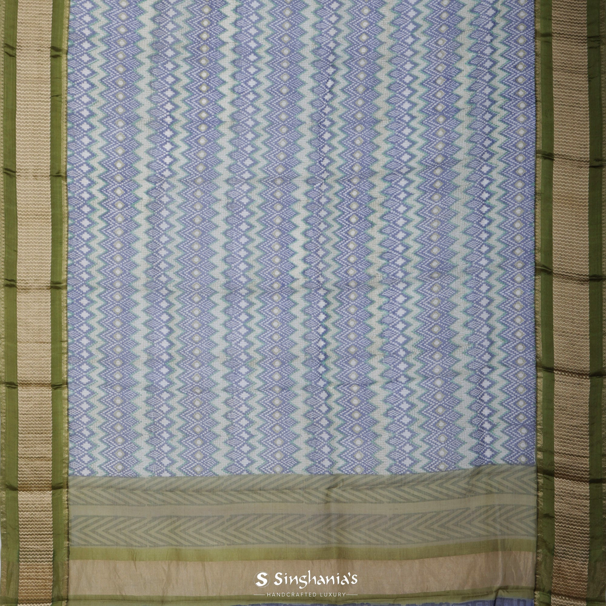 Green Blue Printed Maheshwari Silk Saree With Geometrical Pattern