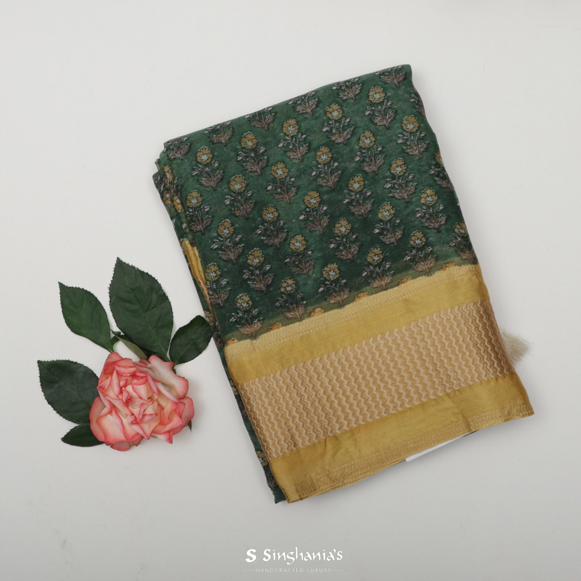 Hunter Green Printed Maheshwari Silk Saree With Floral Motif Design