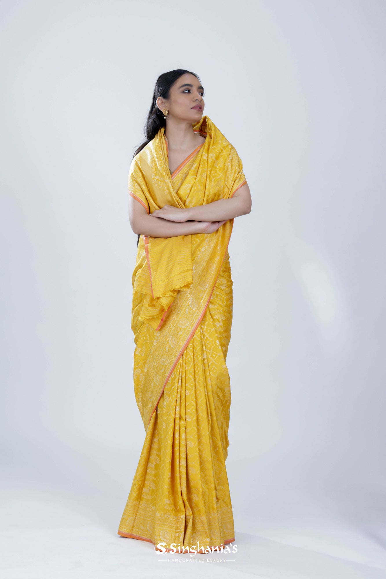 Durian Yellow Banarasi Silk Saree With Floral Jaal Weaving