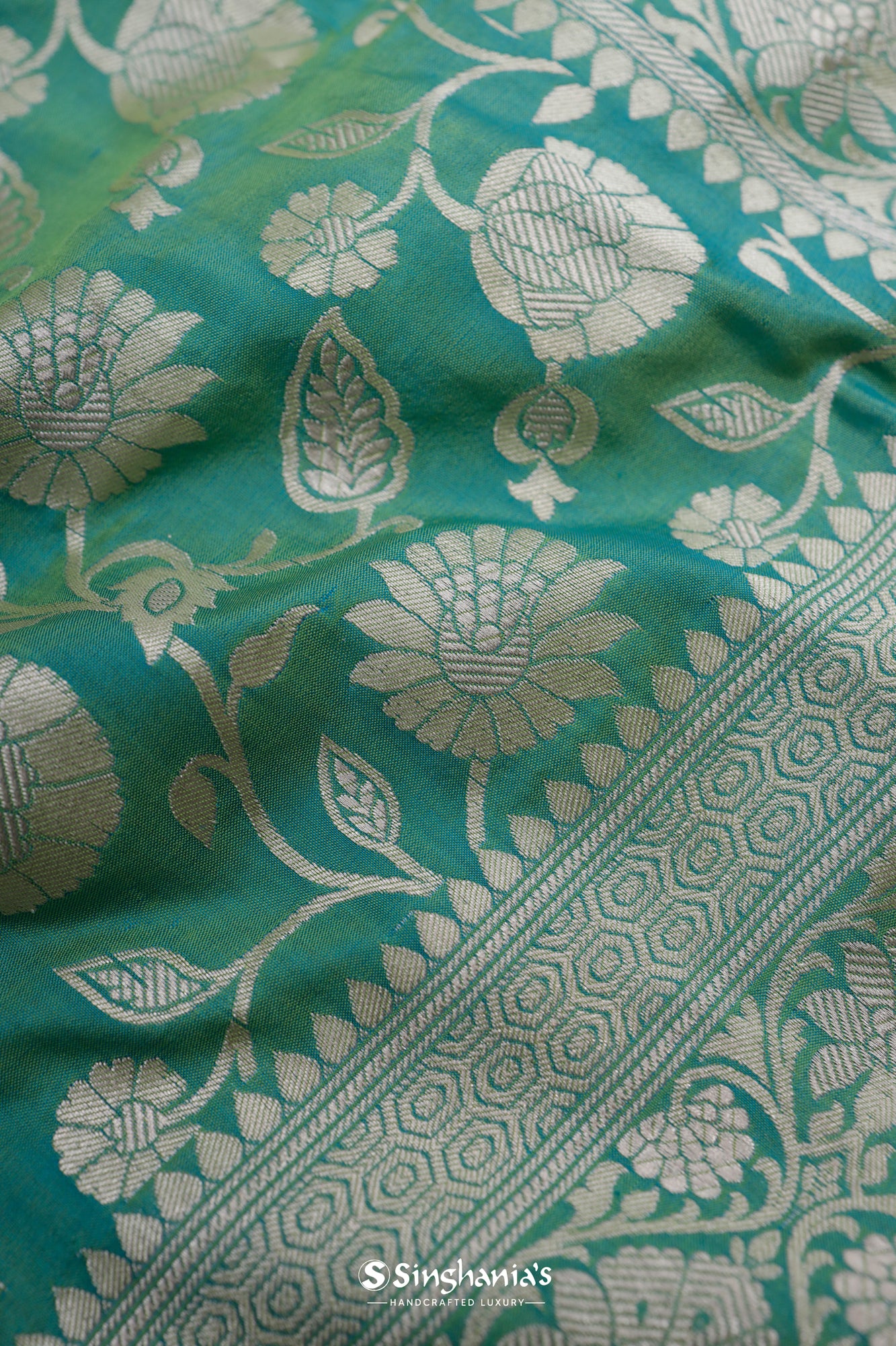 Myrtle Green Banarasi Silk Saree With Floral Jangla Weaving