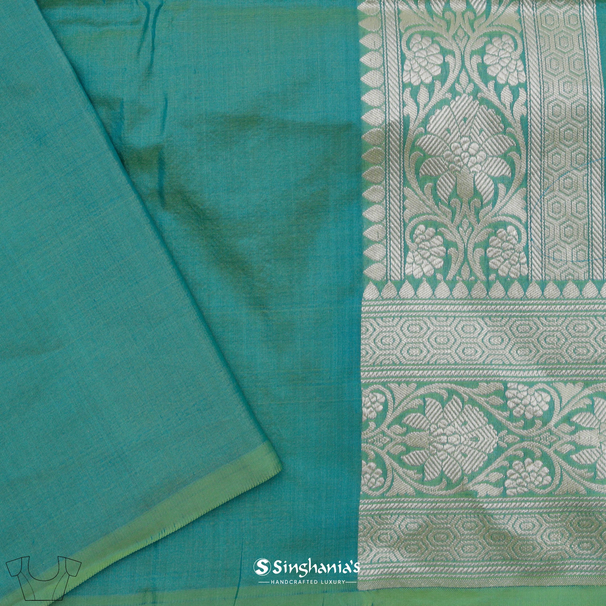 Myrtle Green Banarasi Silk Saree With Floral Jangla Weaving