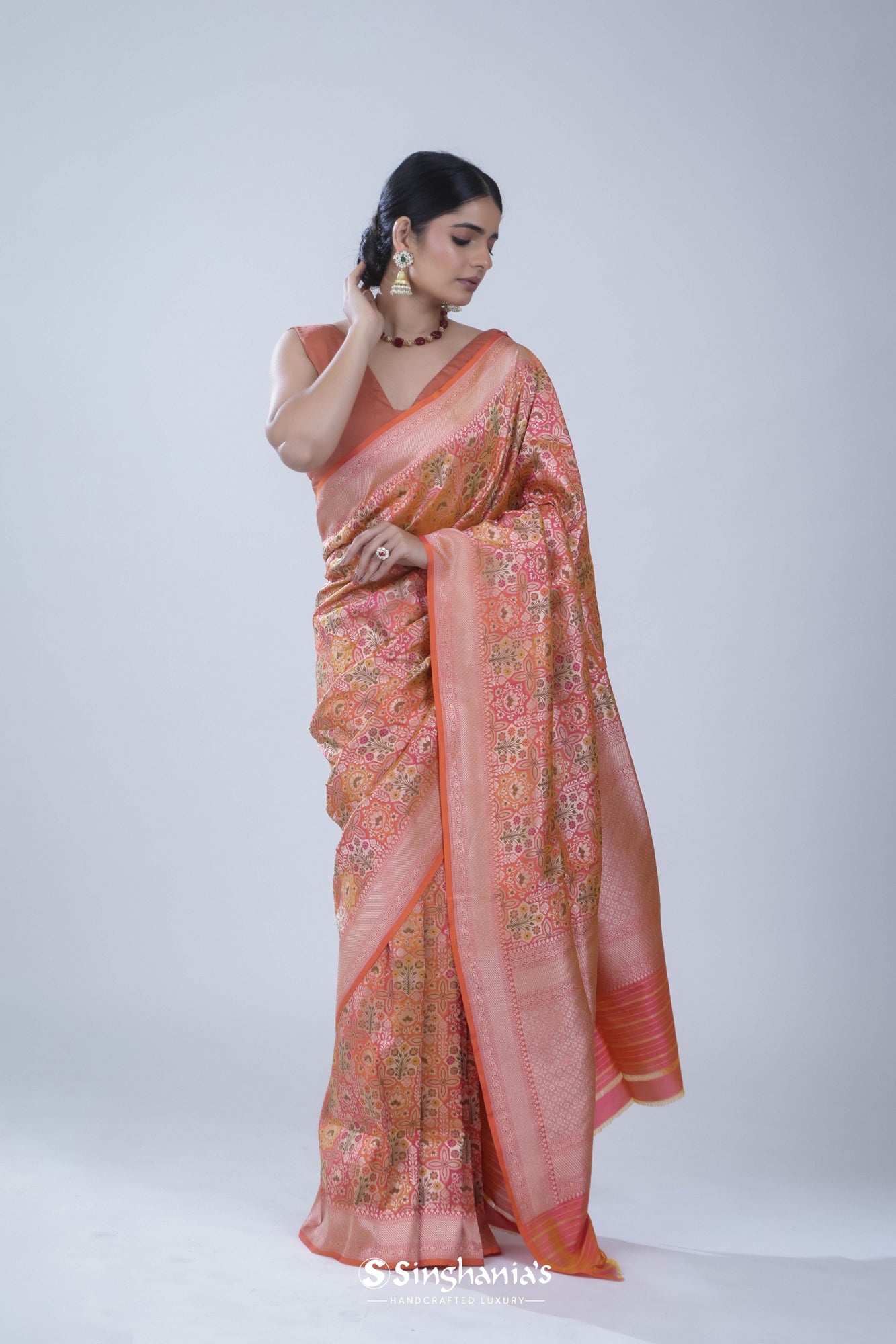 Salmon Orange Banarasi Silk Saree With Floral Jangla Weaving