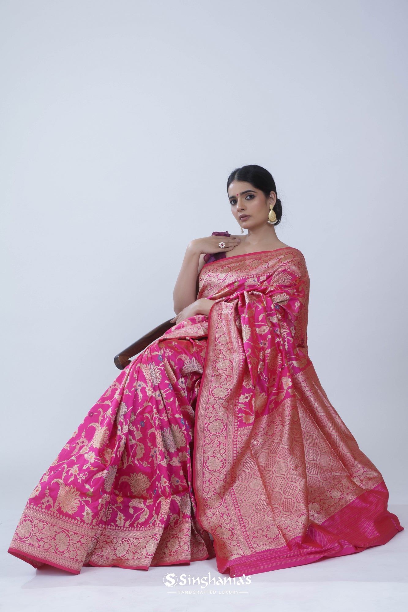 Barbie Pink Banarasi Silk Saree With Floral Jangla Weaving