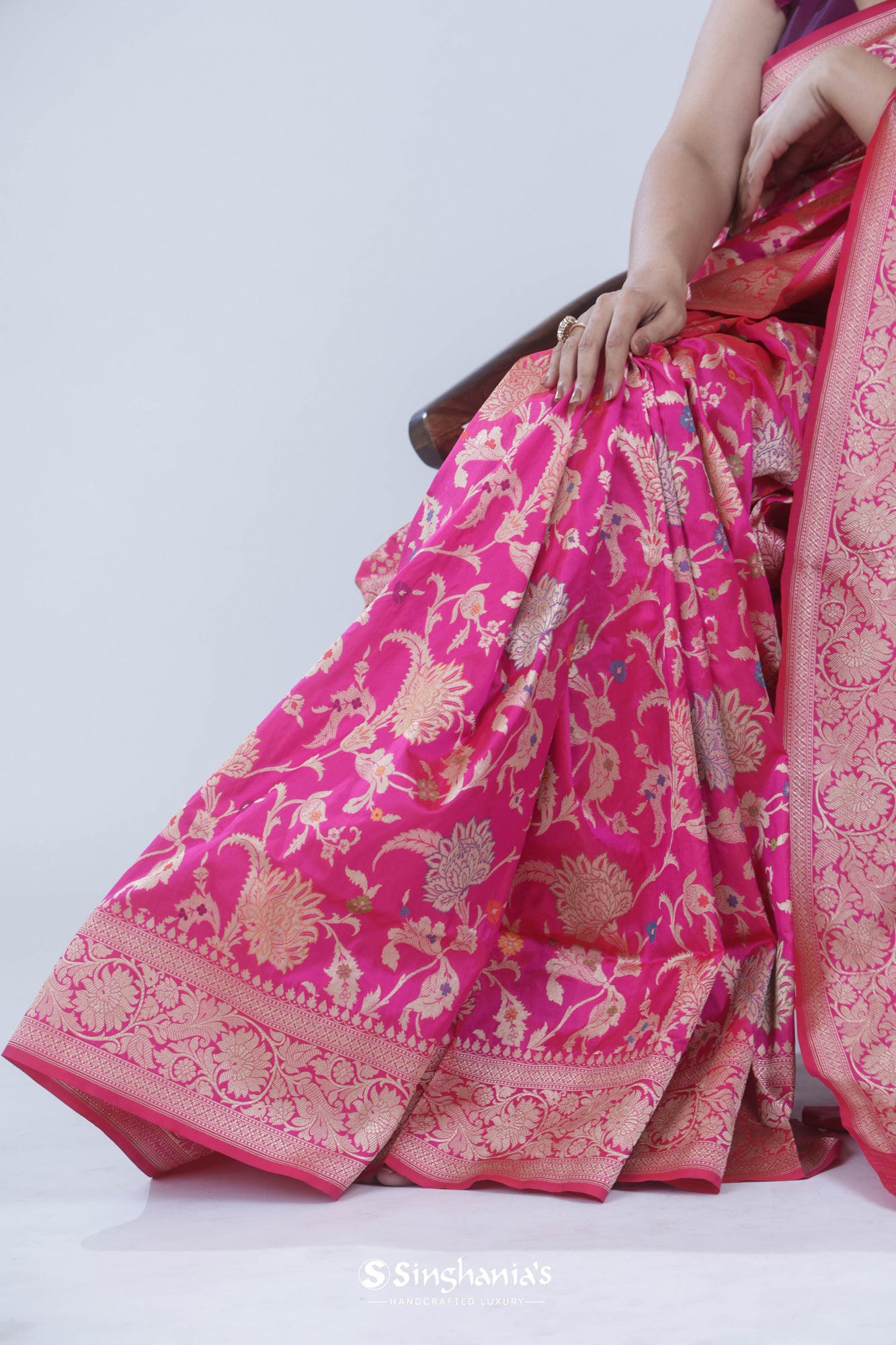 Barbie Pink Banarasi Silk Saree With Floral Jangla Weaving