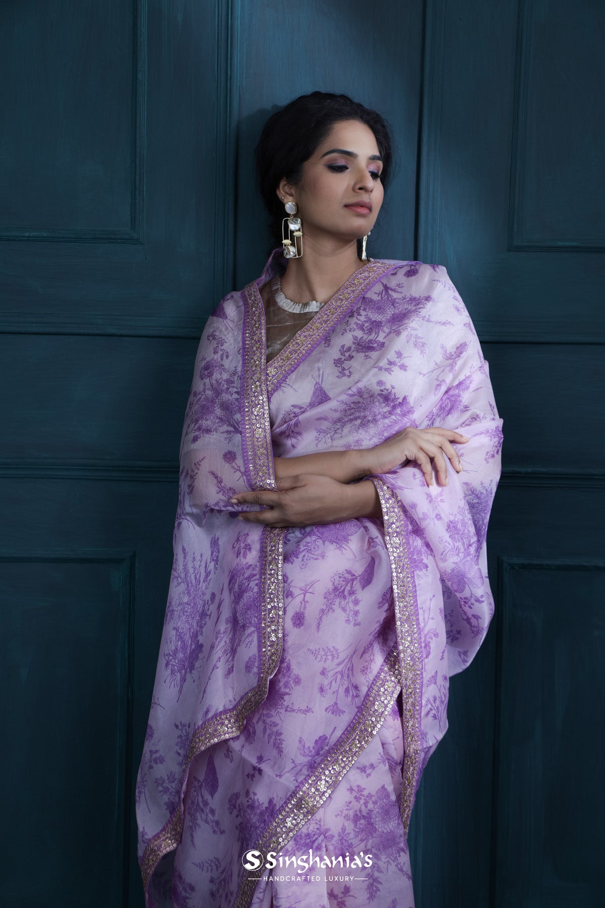 Pastel Lavender Printed Organza Saree With Embroidered Border