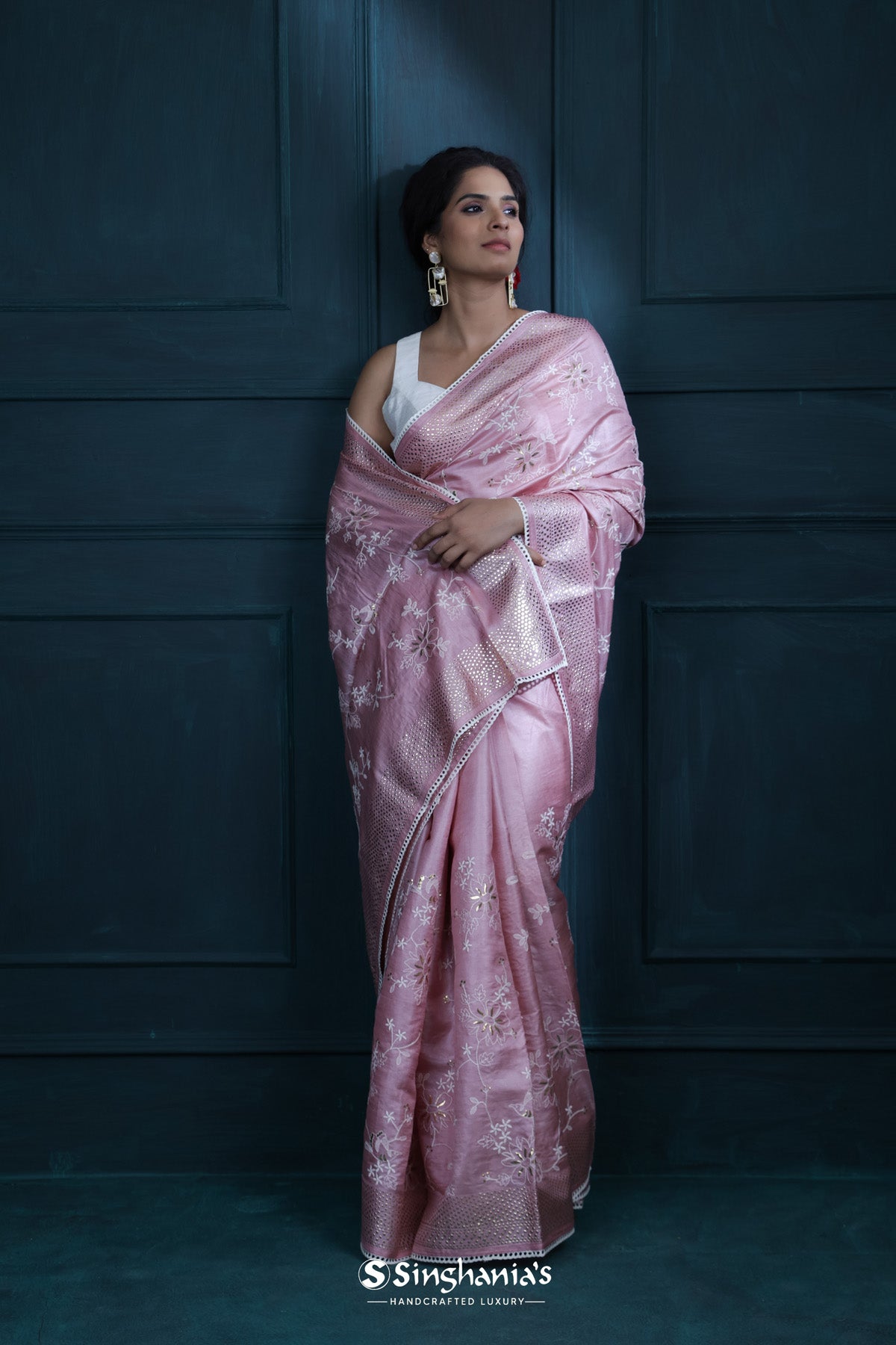 Lace Pink Chikankari Tussar Saree With Mukaish Work