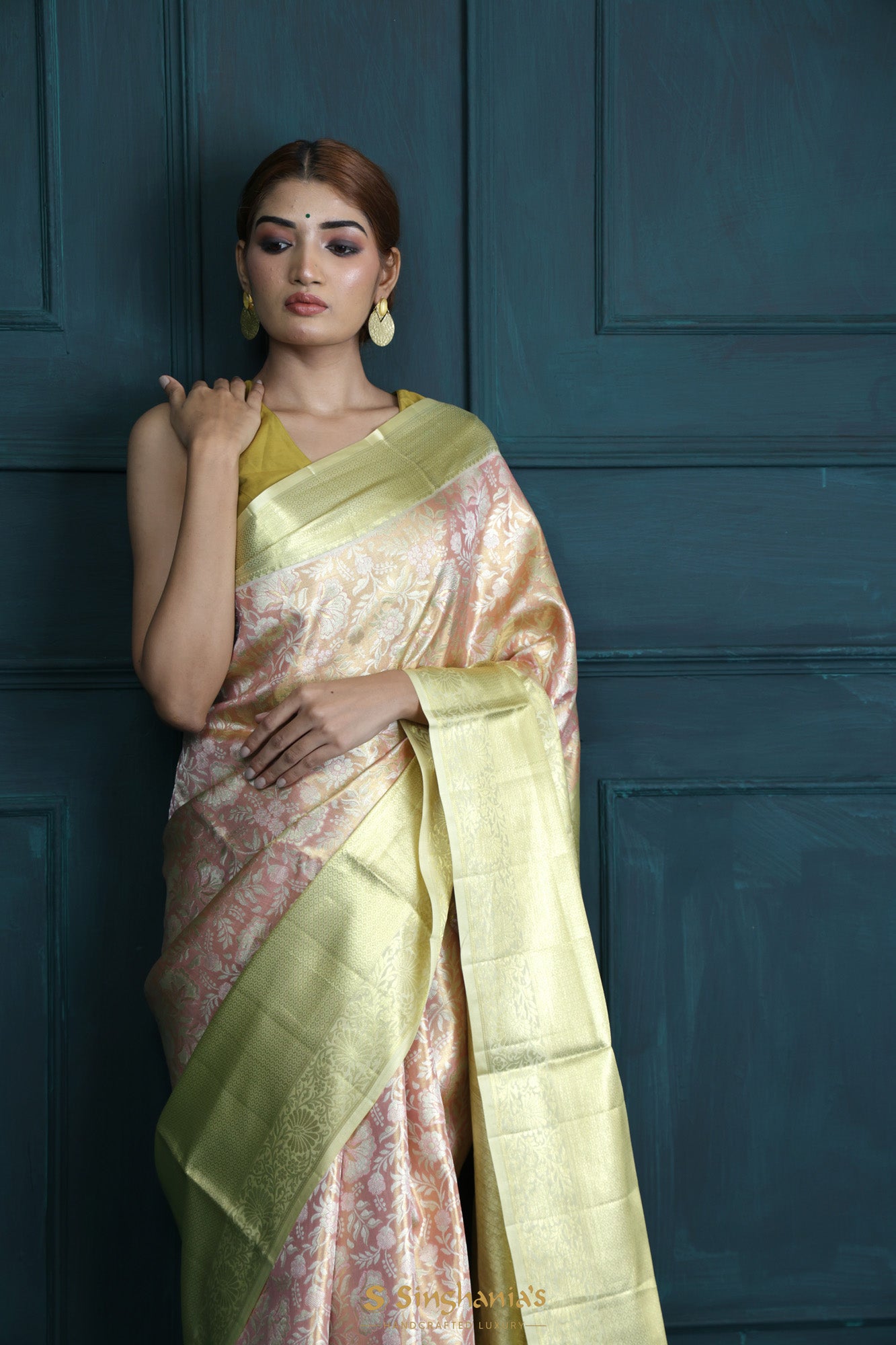 Lemon Yellow Banarasi Kota Silk Saree With Floral Jaal | Singhania's