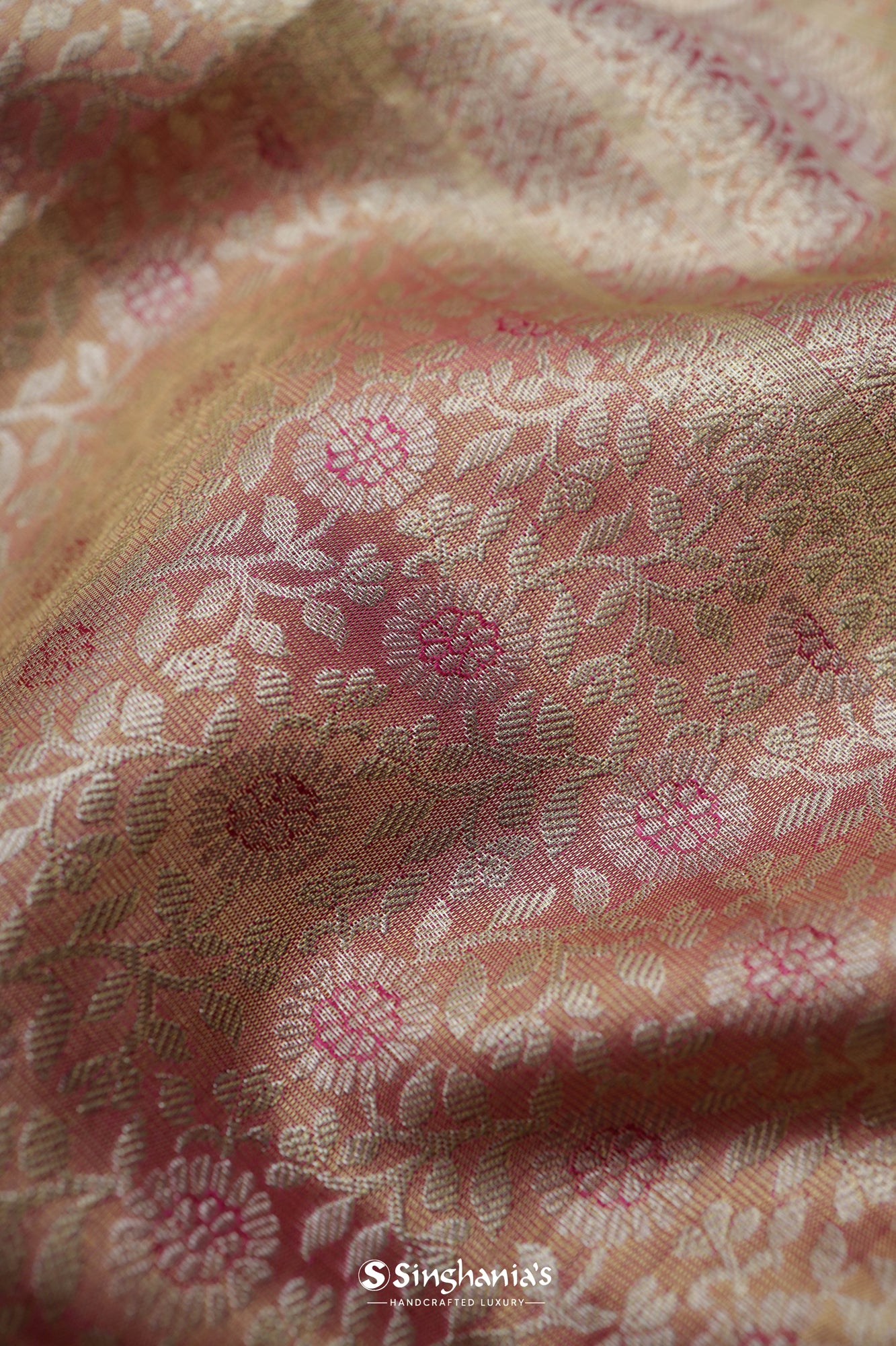 Grapefruit Pink Tissue Kanjivaram Saree With Floral Jaal Weaving