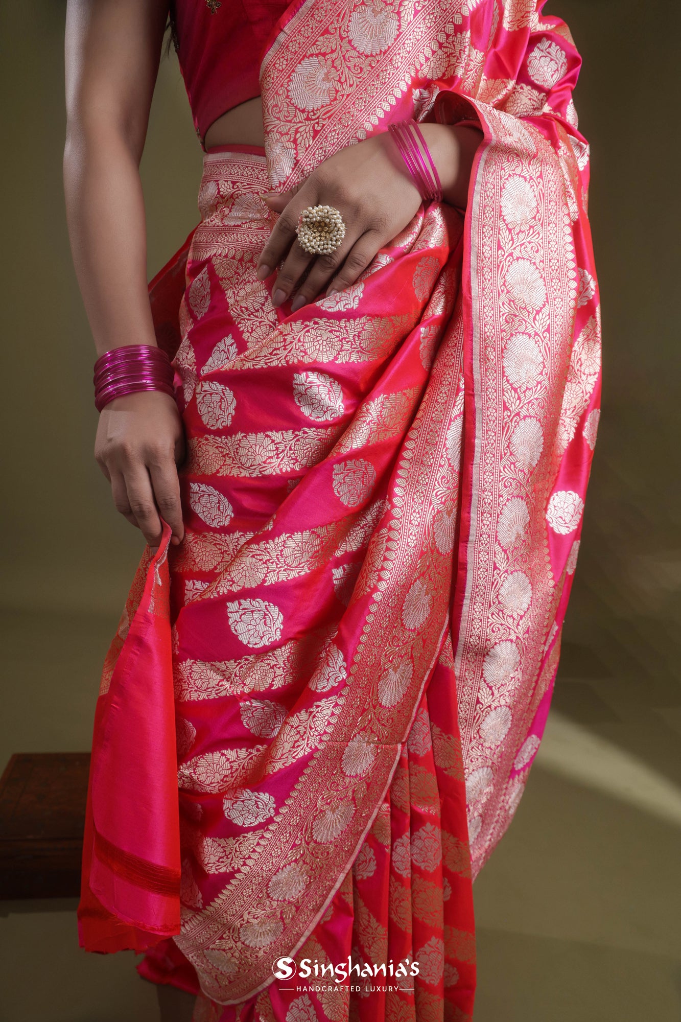 Paradise Pink Kadhuwa Banarasi Silk Saree With Floral Jaal Weaving