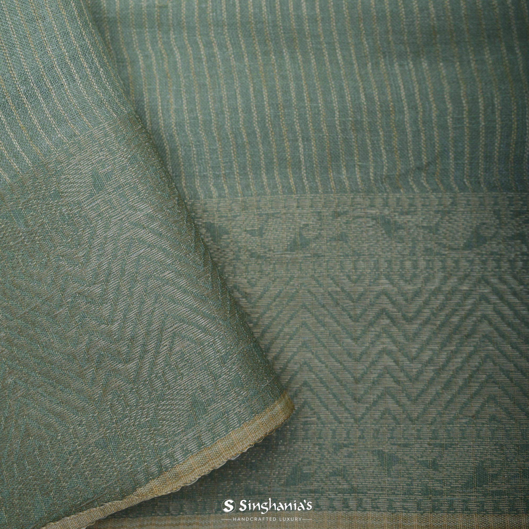 Viridian Green Printed Linen Saree With Floral Jaal Design