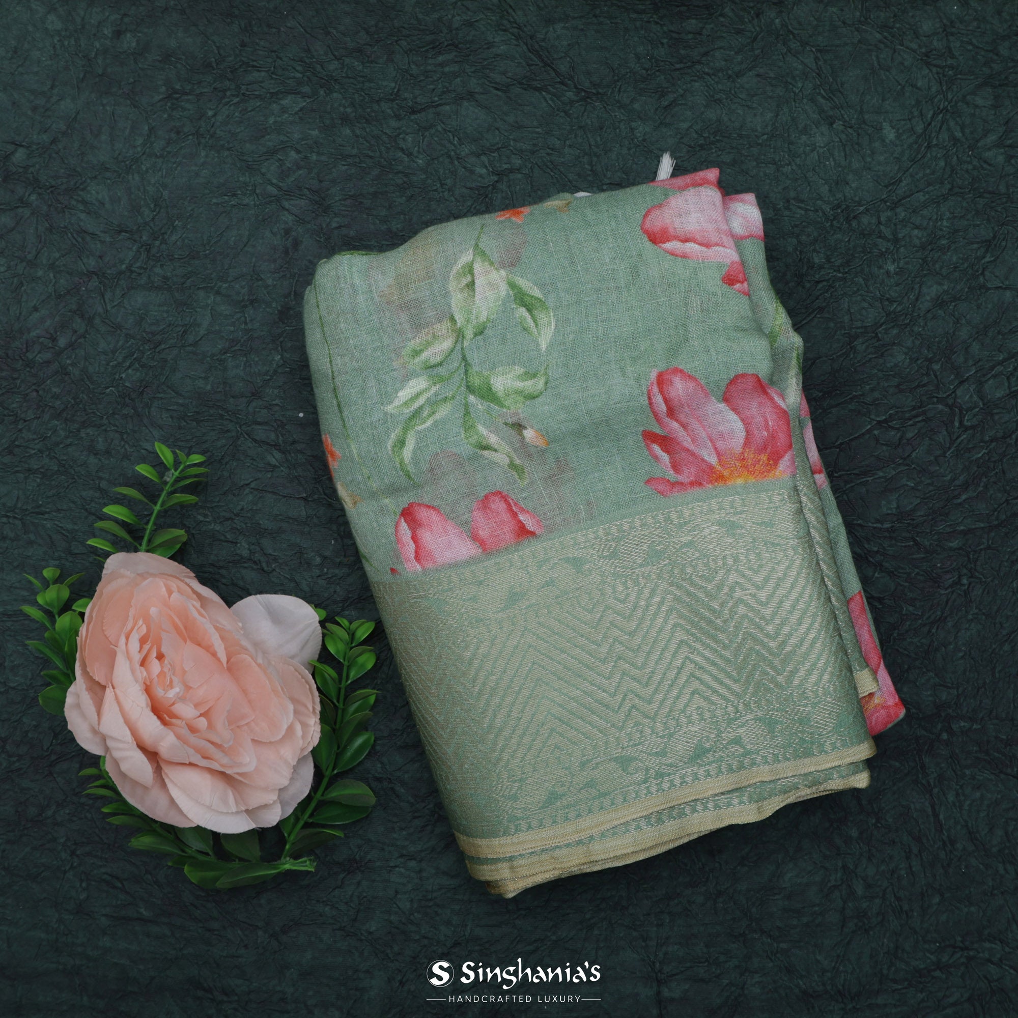 Viridian Green Printed Linen Saree With Floral Jaal Design
