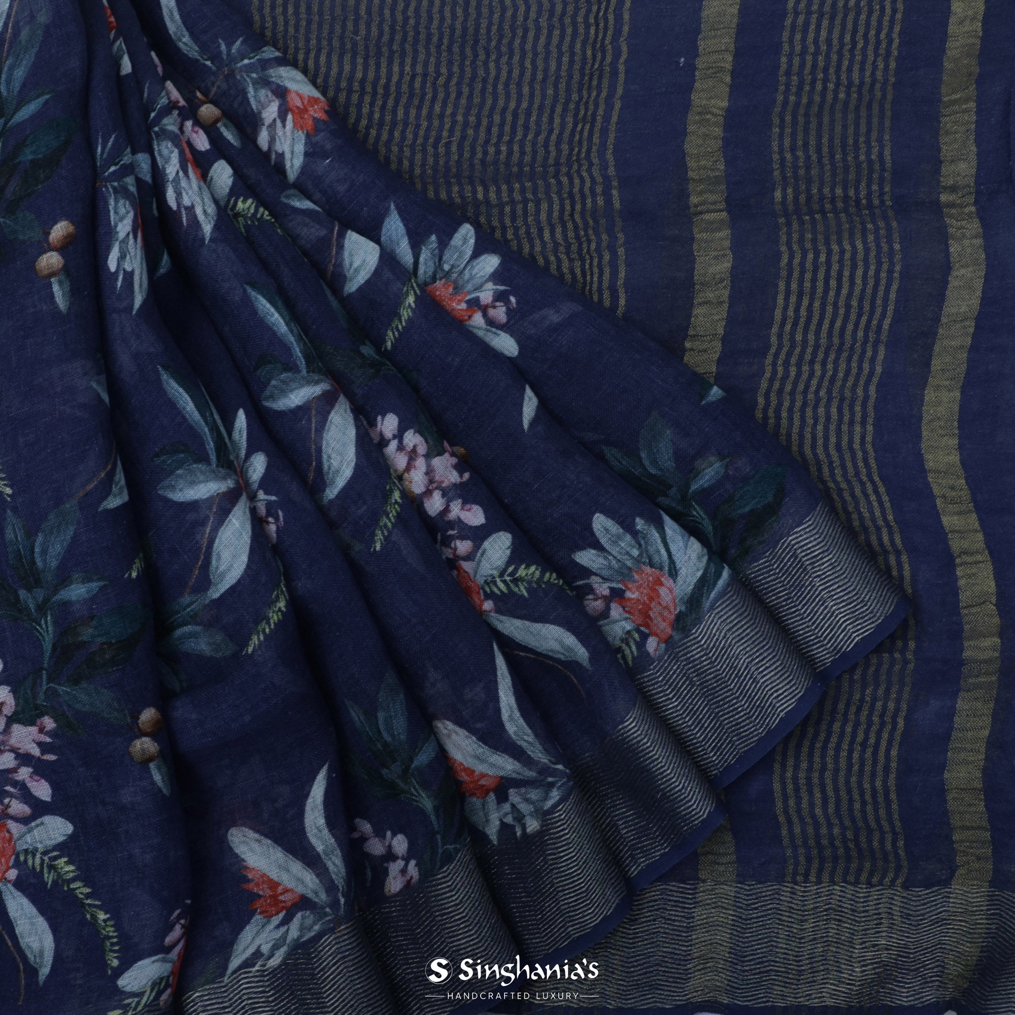 Midnight Blue Printed Linen Saree With Floral Motif Design