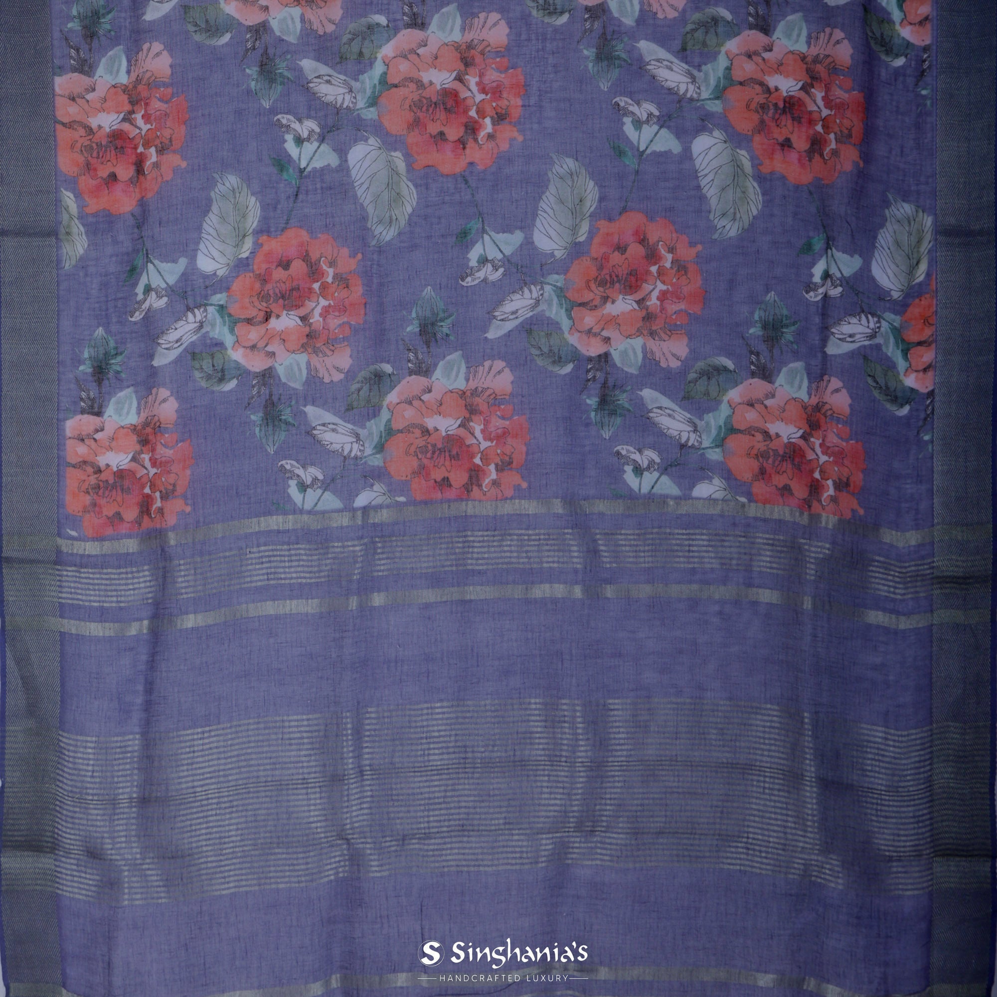 Deep Purple Printed Linen Saree With Floral Jaal Pattern