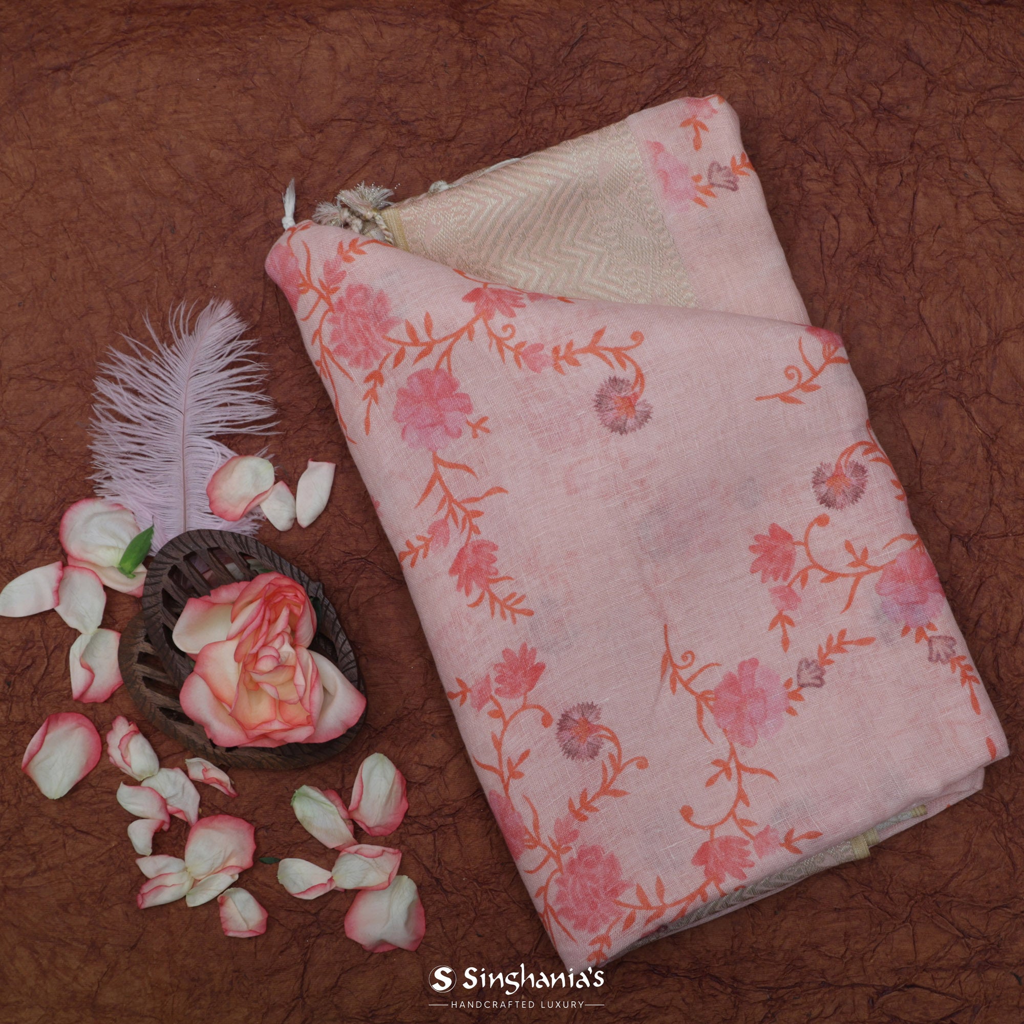 Pastel Pink Printed Linen Saree With Floral Jaal Design