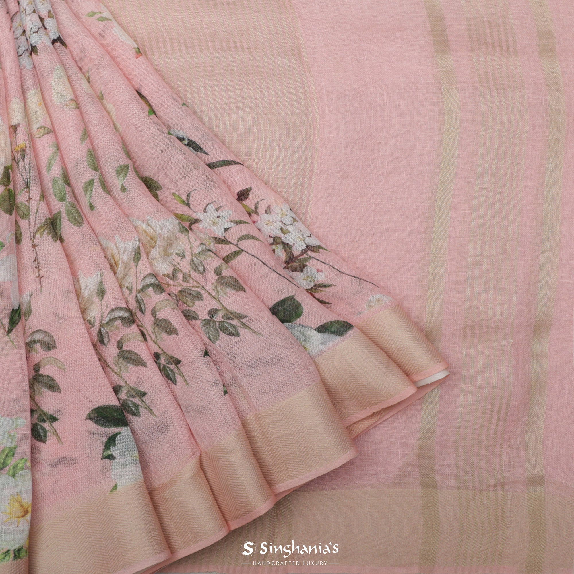 Baby Pink Printed Linen Saree With Floral Jaal Design