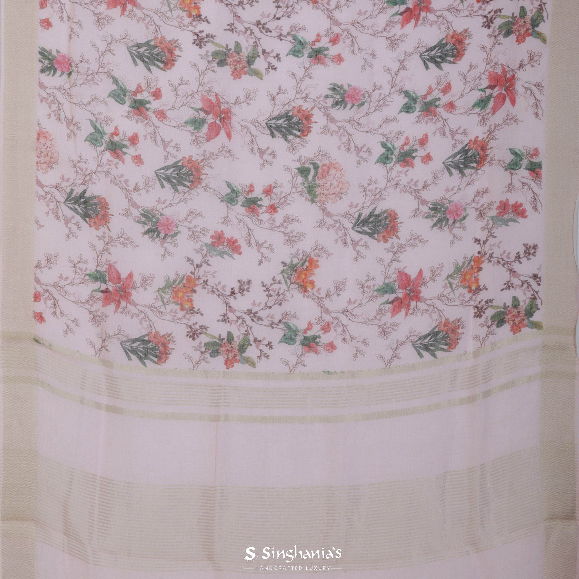 Misty Rose Pink Printed Linen Saree With Floral Jaal Design