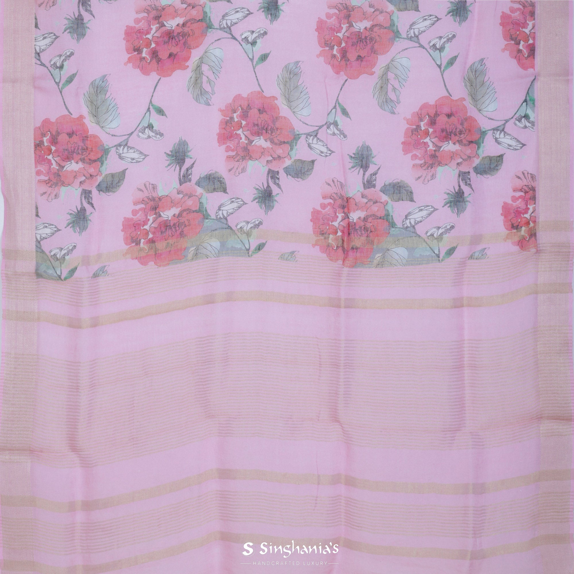 Pink Pearl Printed Linen Saree With Floral Jaal Design