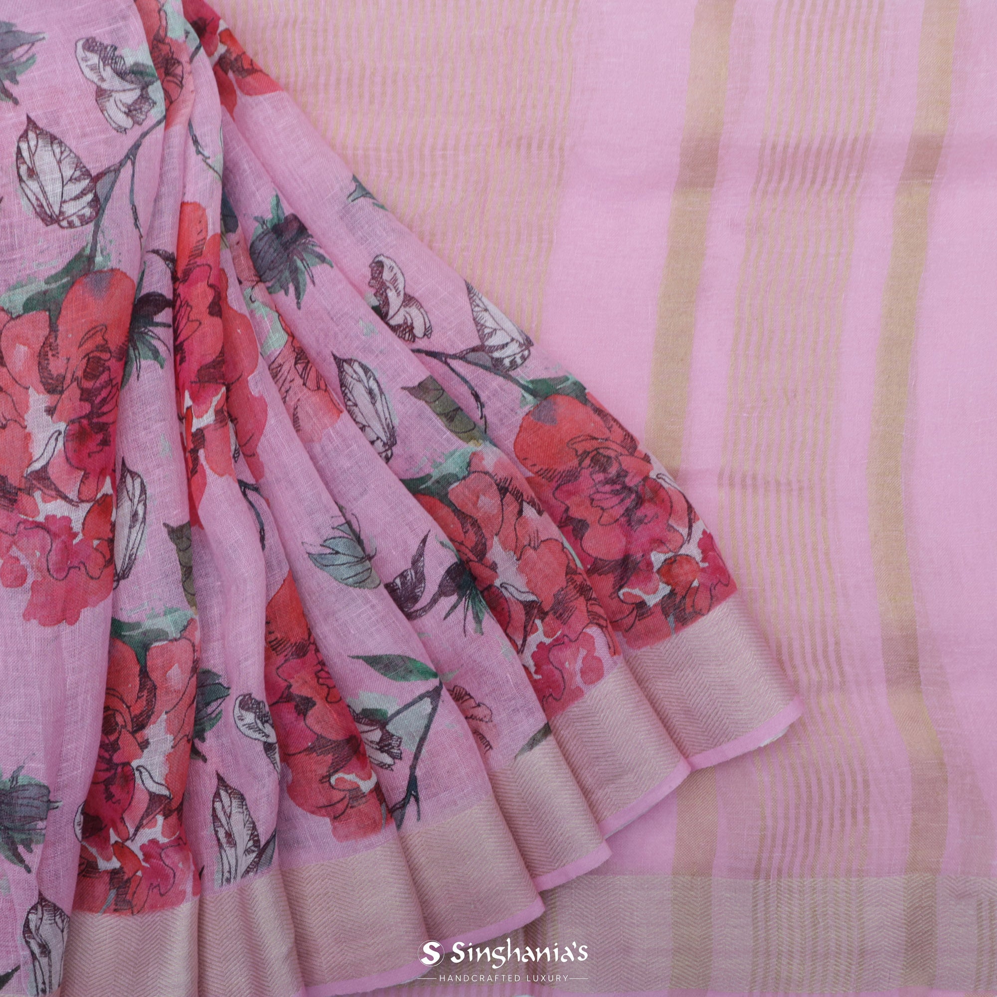Pink Pearl Printed Linen Saree With Floral Jaal Design