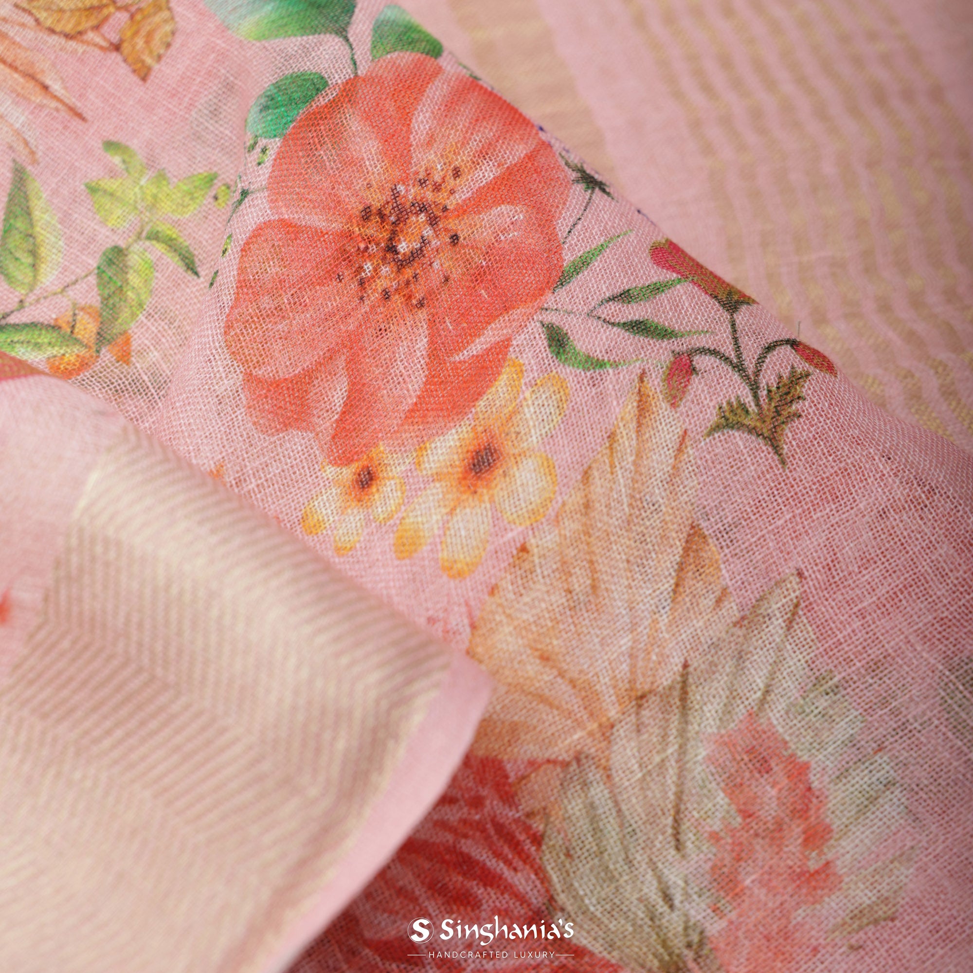 Flamingo Pink Printed Linen Saree With Floral Jaal Design