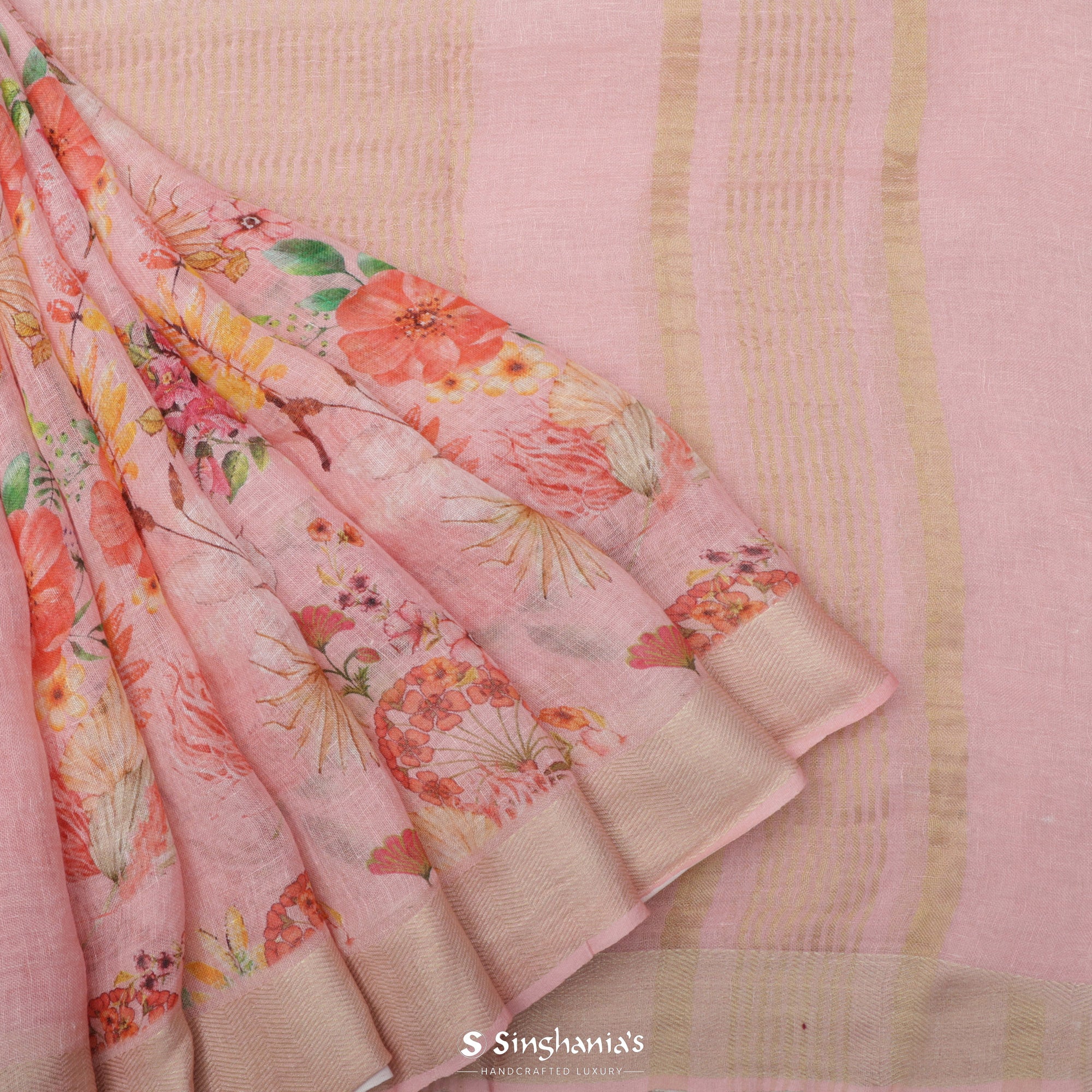 Flamingo Pink Printed Linen Saree With Floral Jaal Design
