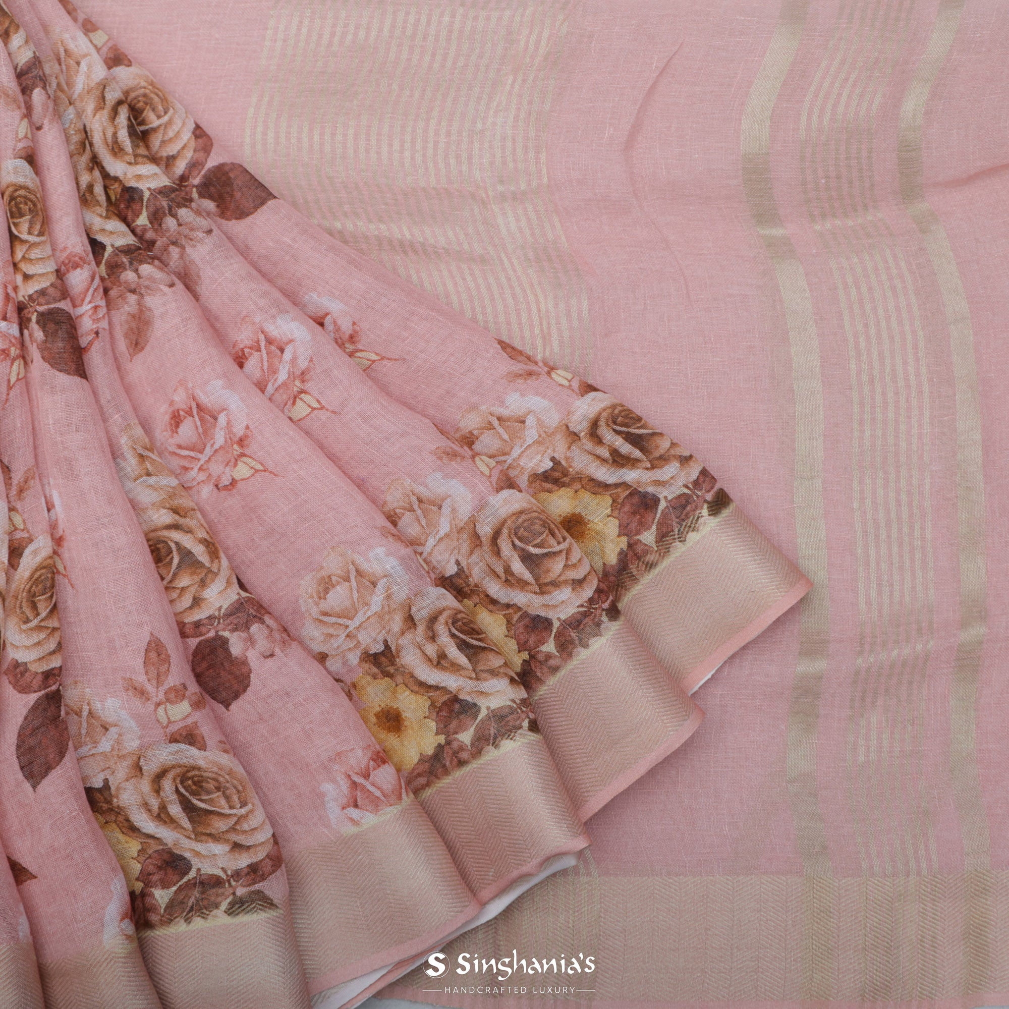 Light Pink Printed Linen Saree With Floral Jaal Design