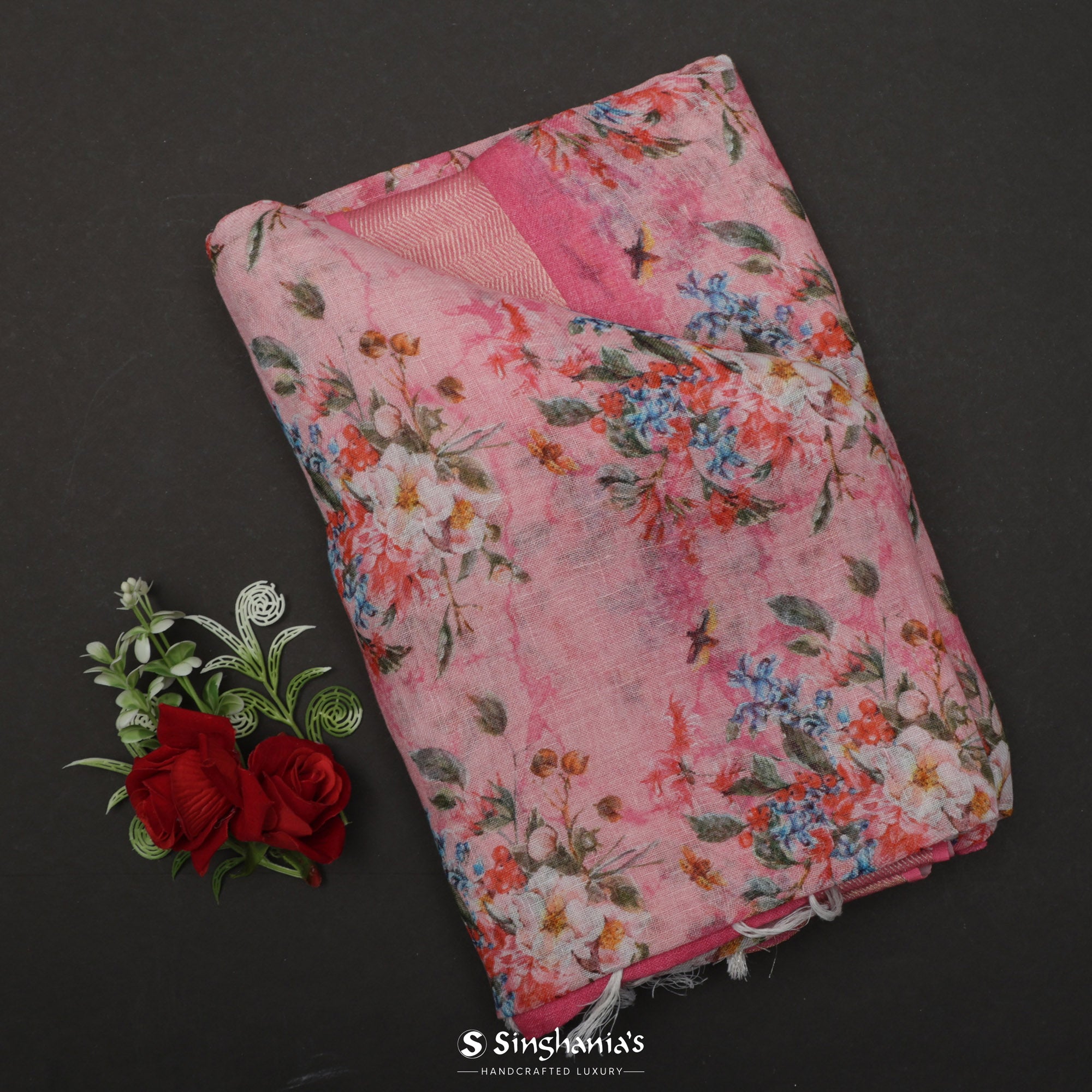 Carnation Pink Printed Linen Saree With Floral Jaal Design