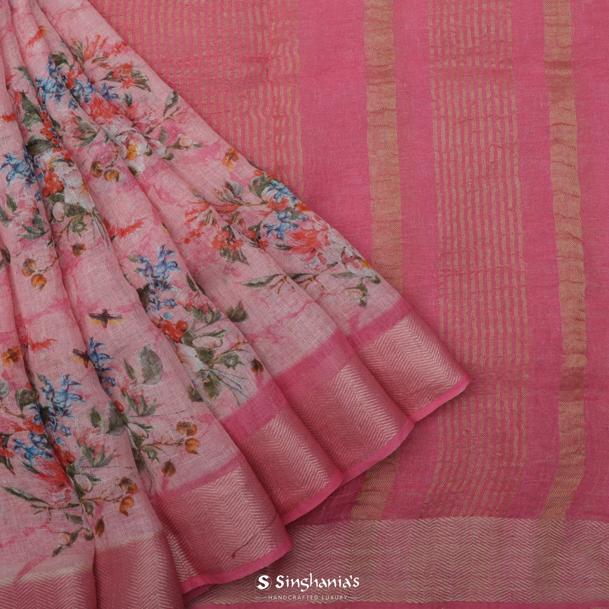 Carnation Pink Printed Linen Saree With Floral Jaal Design