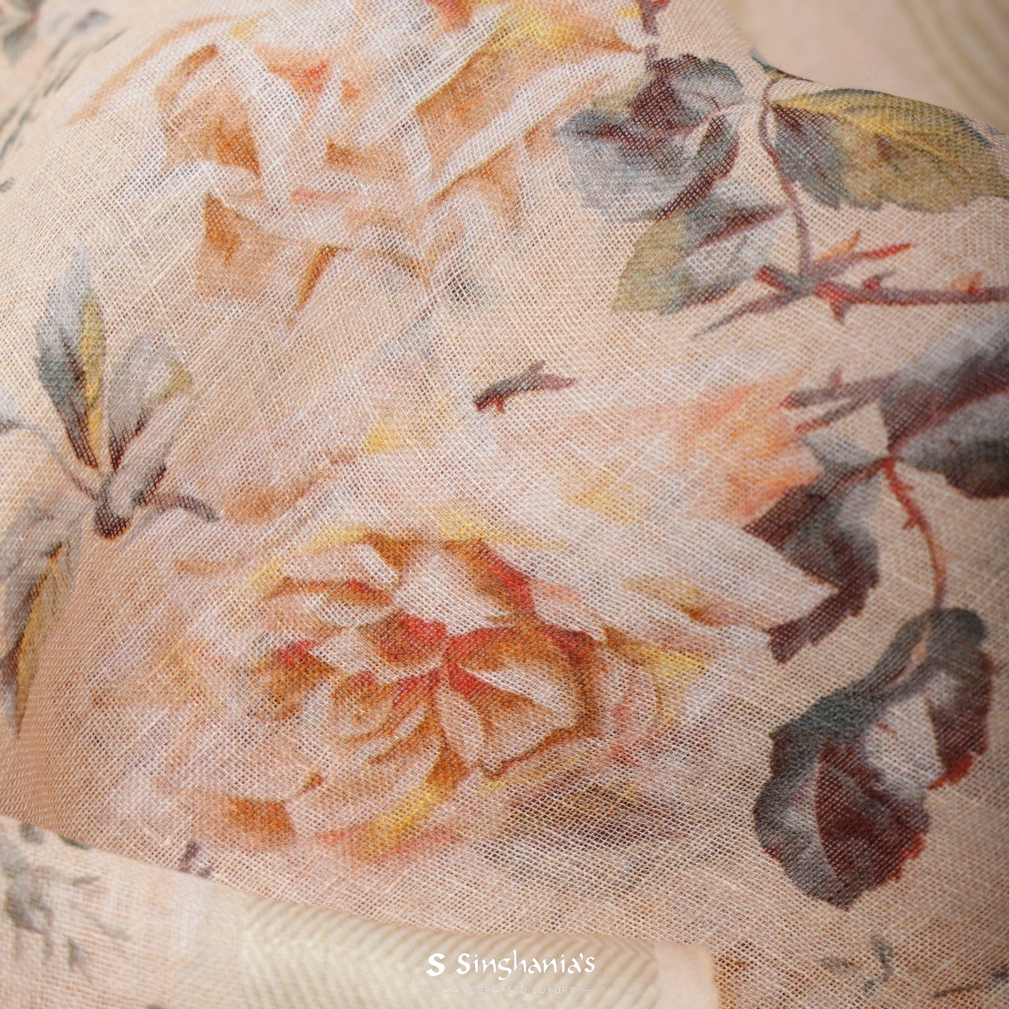 Peach Printed Linen Saree With Floral Jaal Design