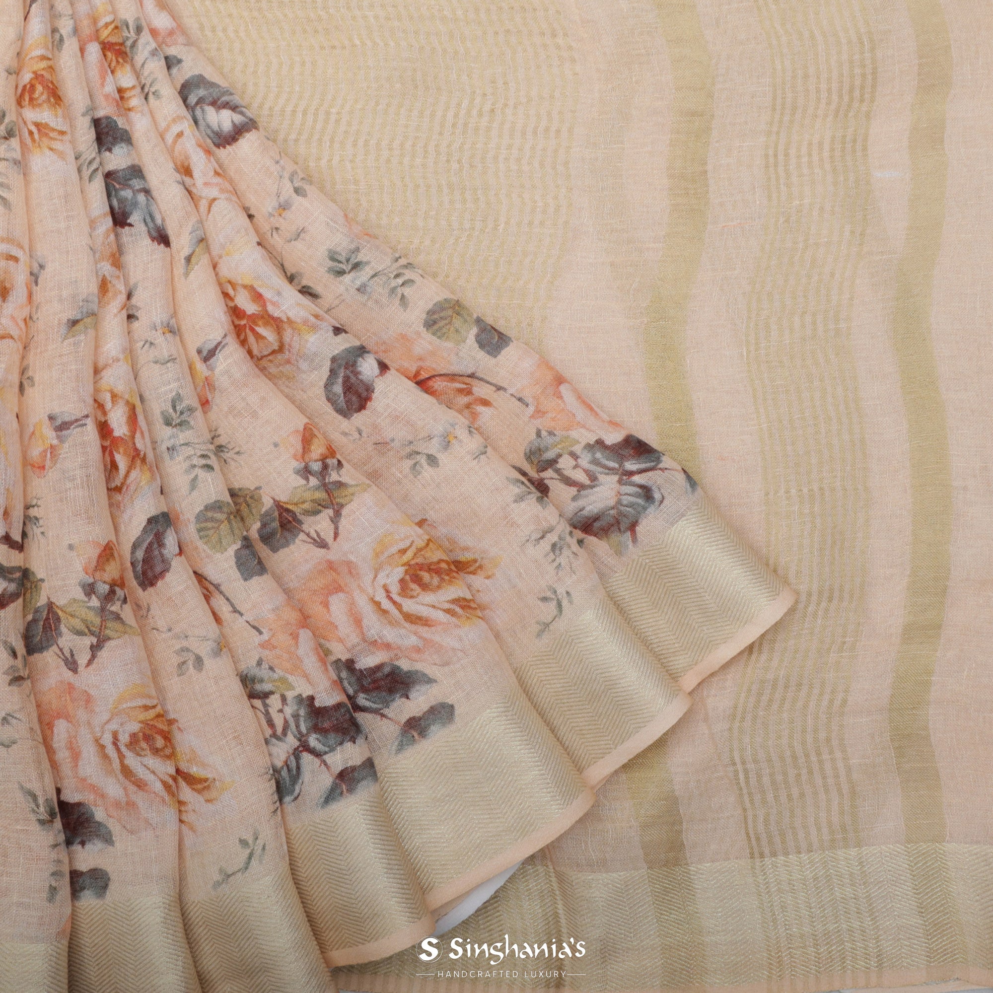 Peach Printed Linen Saree With Floral Jaal Design