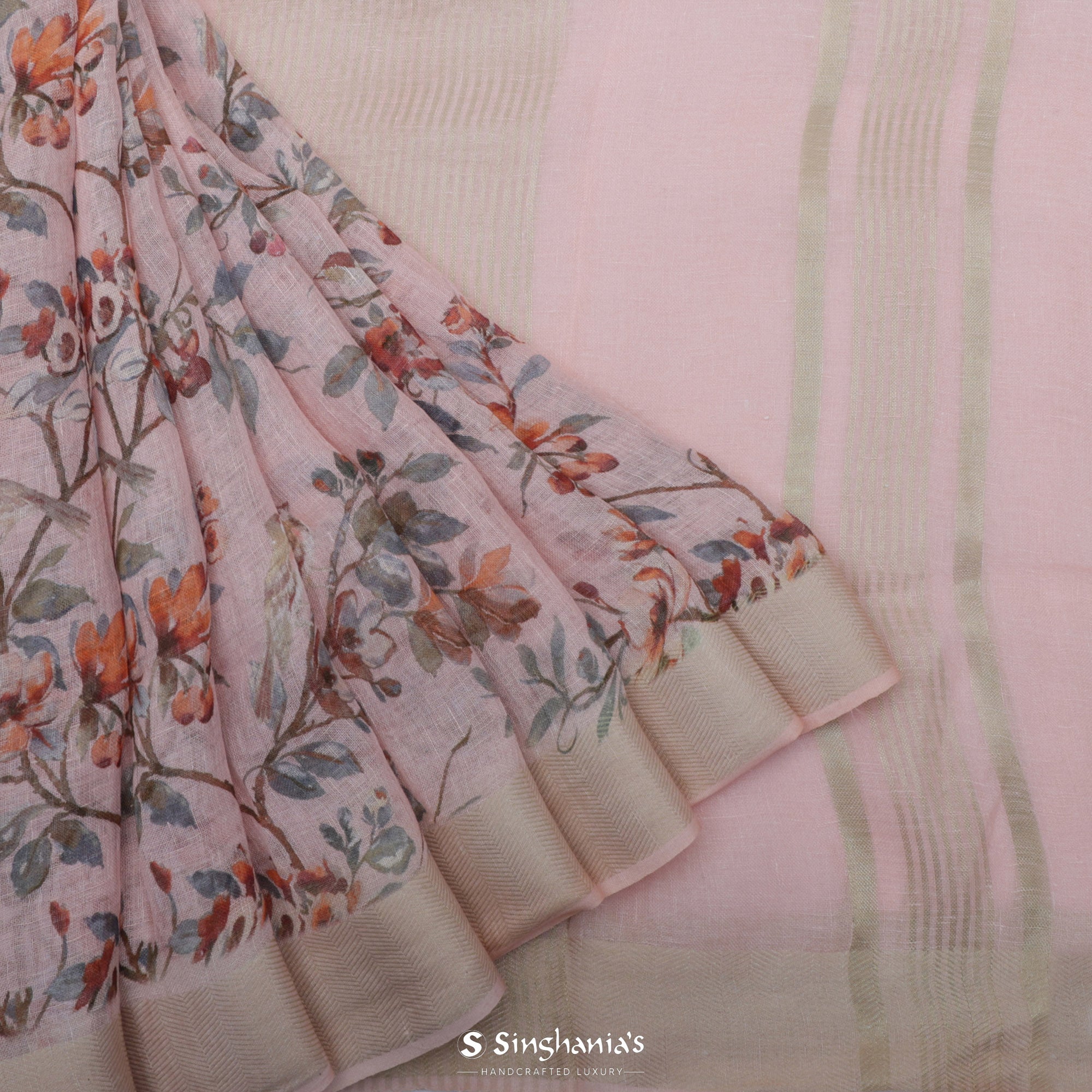 Baby Pink Printed Linen Saree With Floral Jaal Design