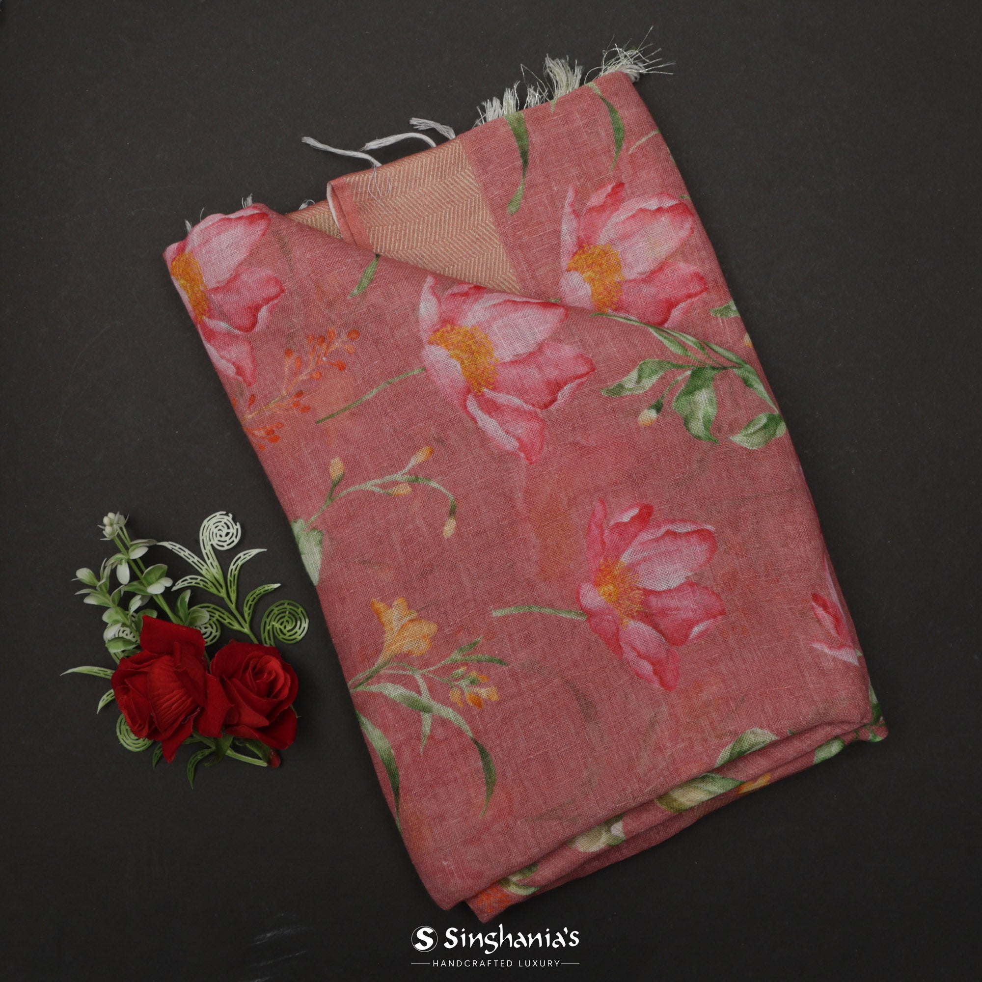 Candy Pink Printed Linen Saree With Floral Jaal Design