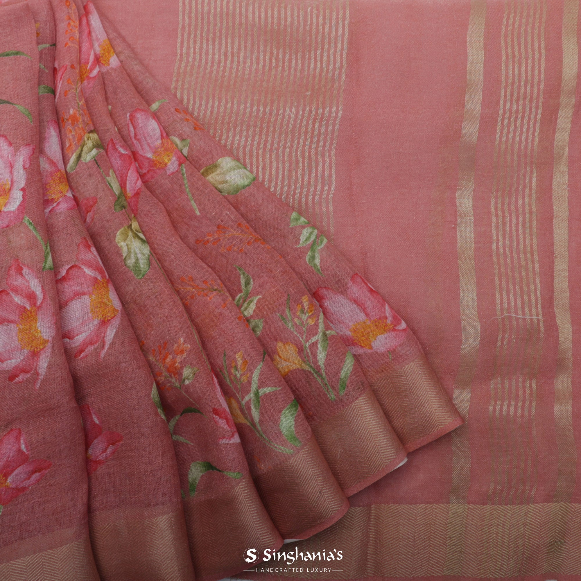 Candy Pink Printed Linen Saree With Floral Jaal Design