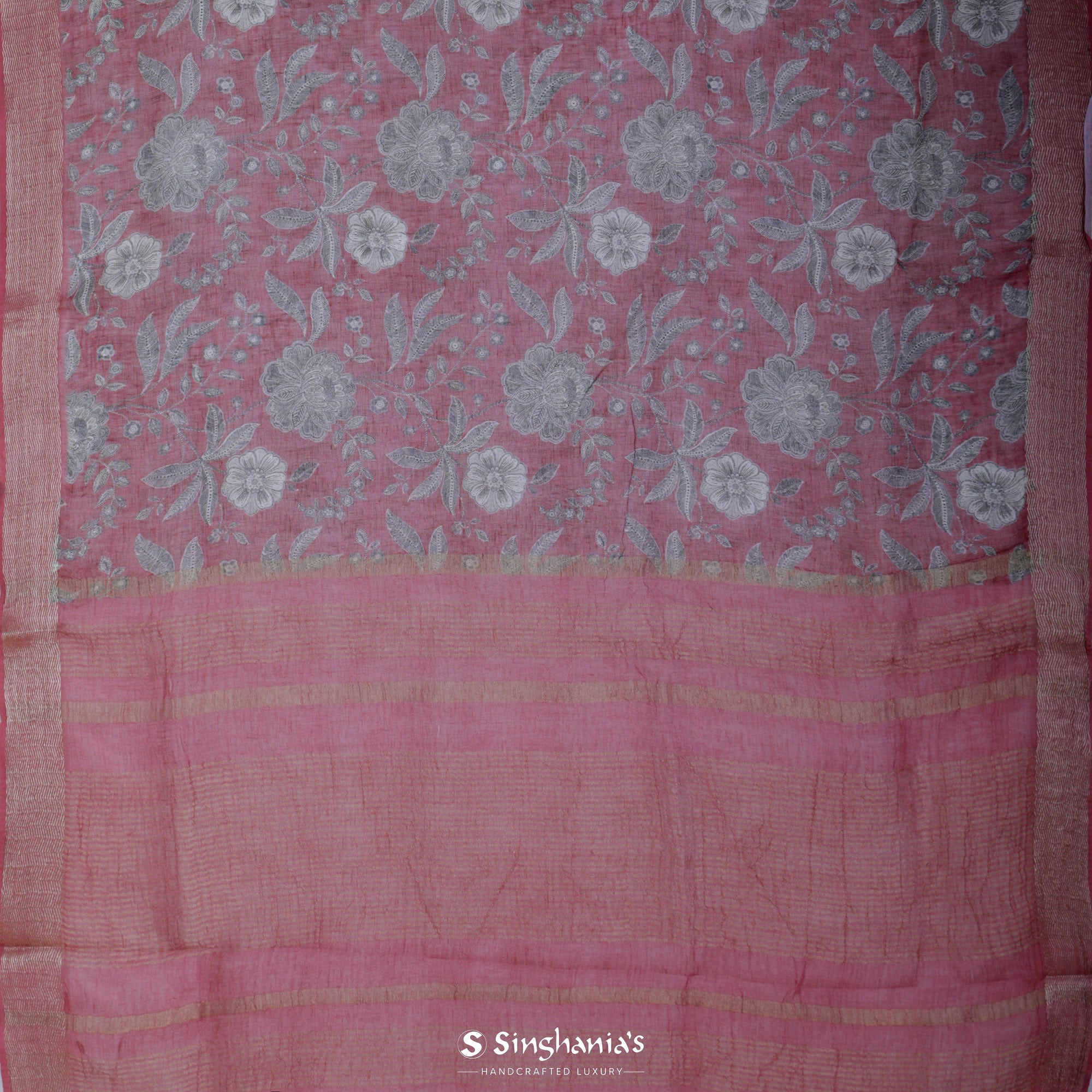 Milano Pink Printed Linen Saree With Floral Jaal Design