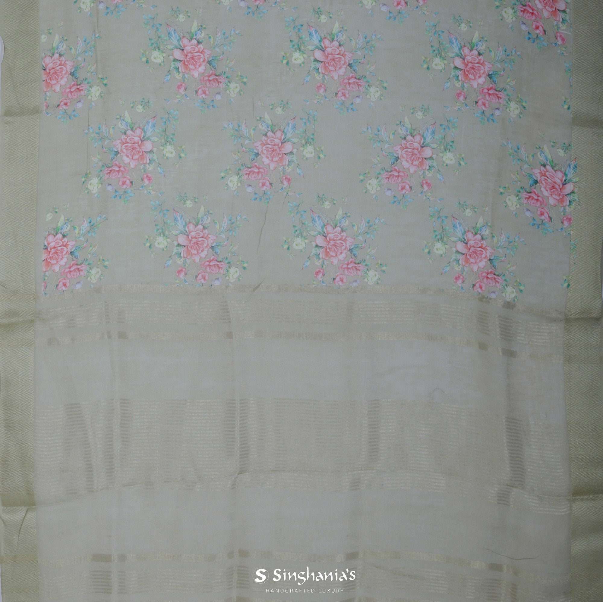 Gin Green Printed Linen Saree With Floral Jaal Design