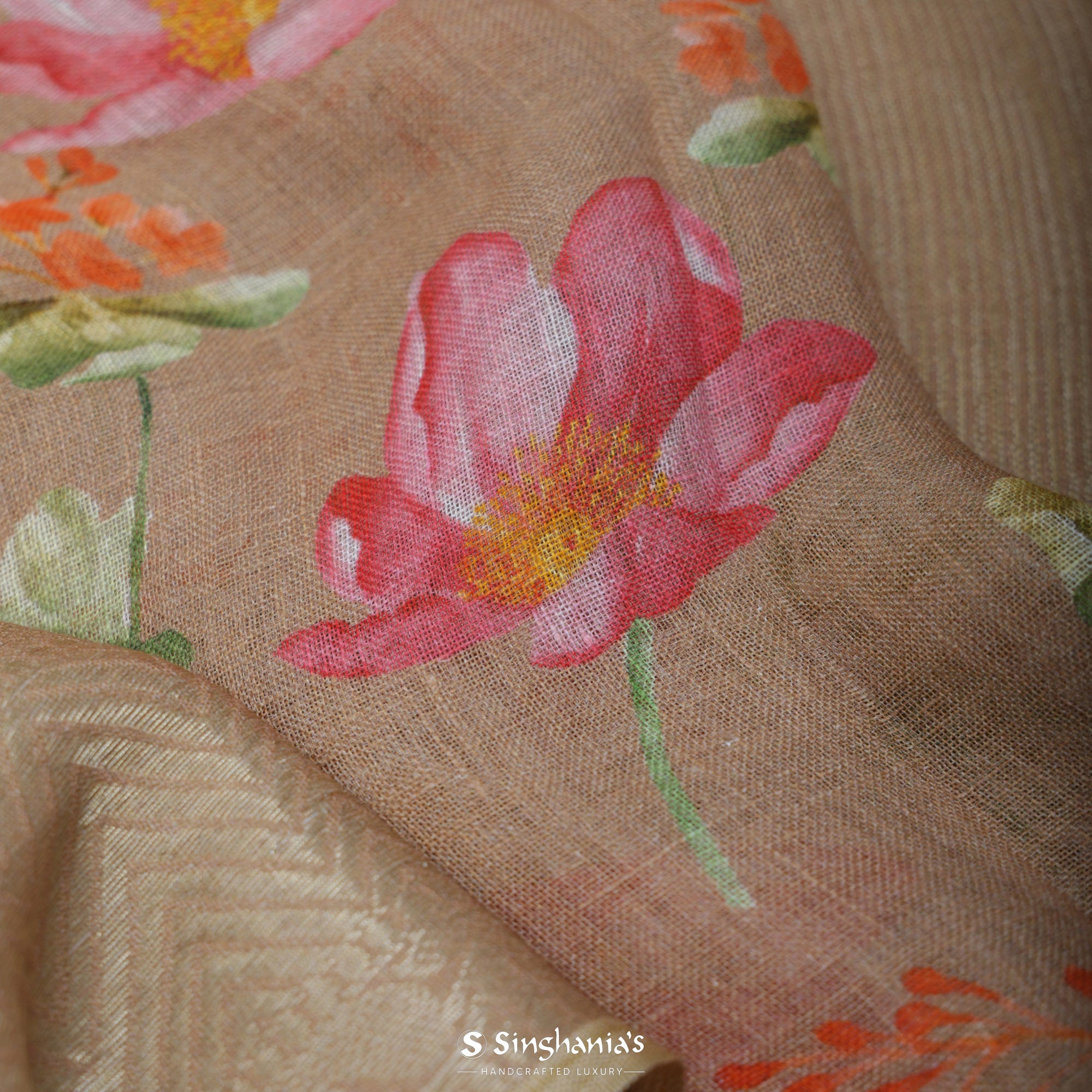 Beaver Brown Printed Linen Saree With Floral Jaal Pattern