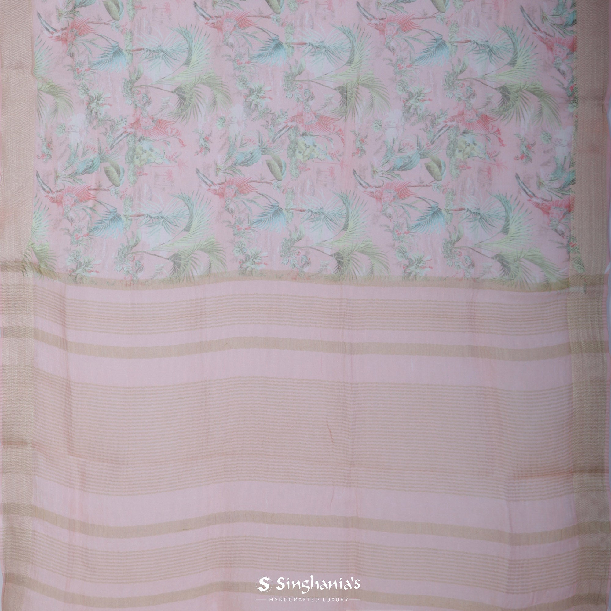Light Pink Printed Linen Saree With Floral Jaal Pattern
