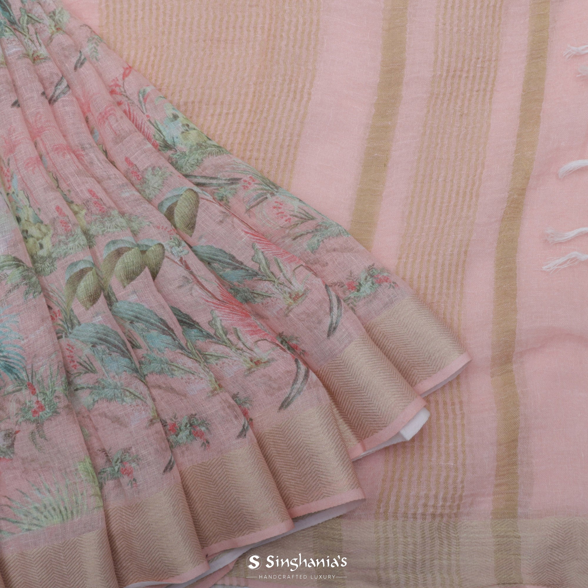 Light Pink Printed Linen Saree With Floral Jaal Pattern