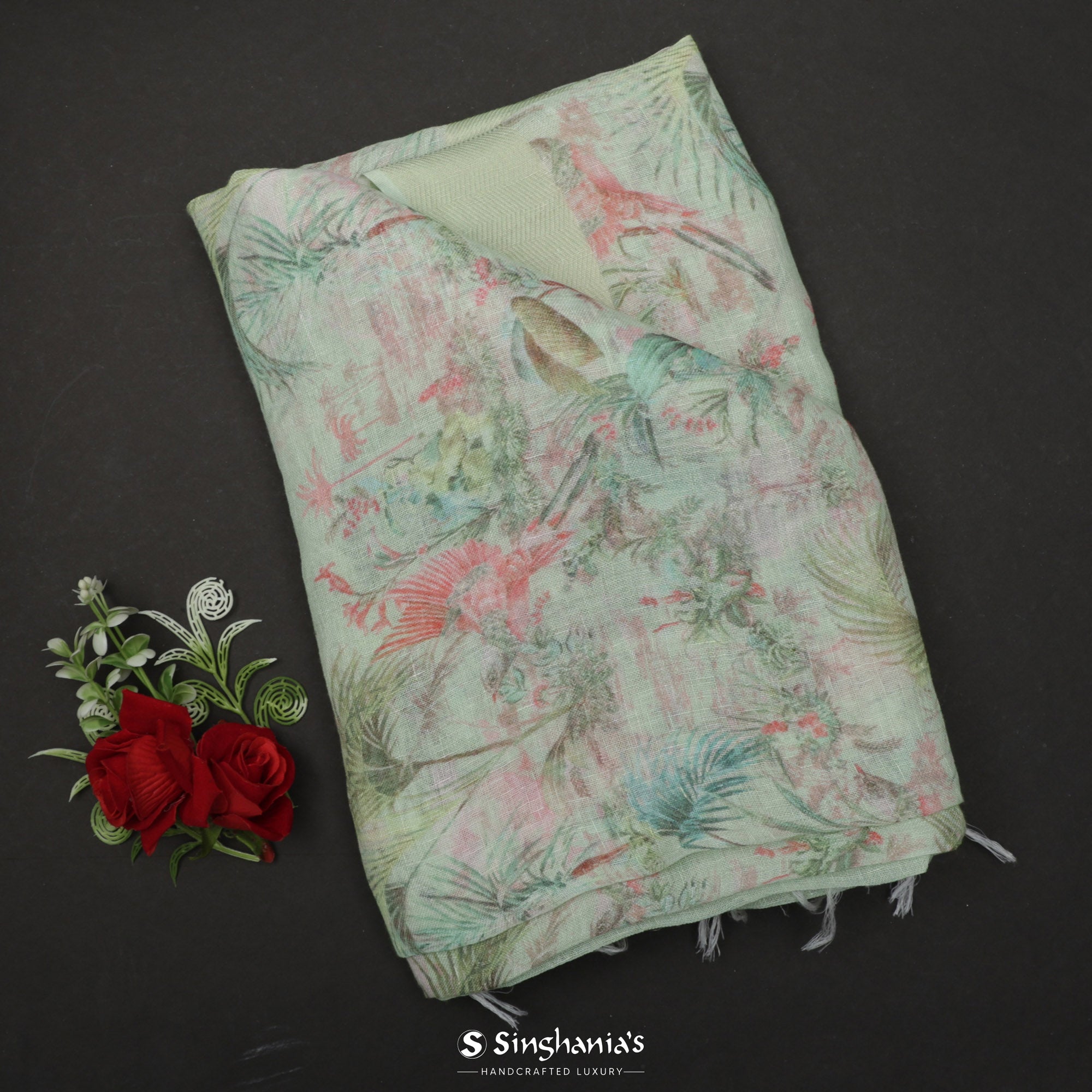 Tea Green Printed Linen Saree With Floral Jaal Design
