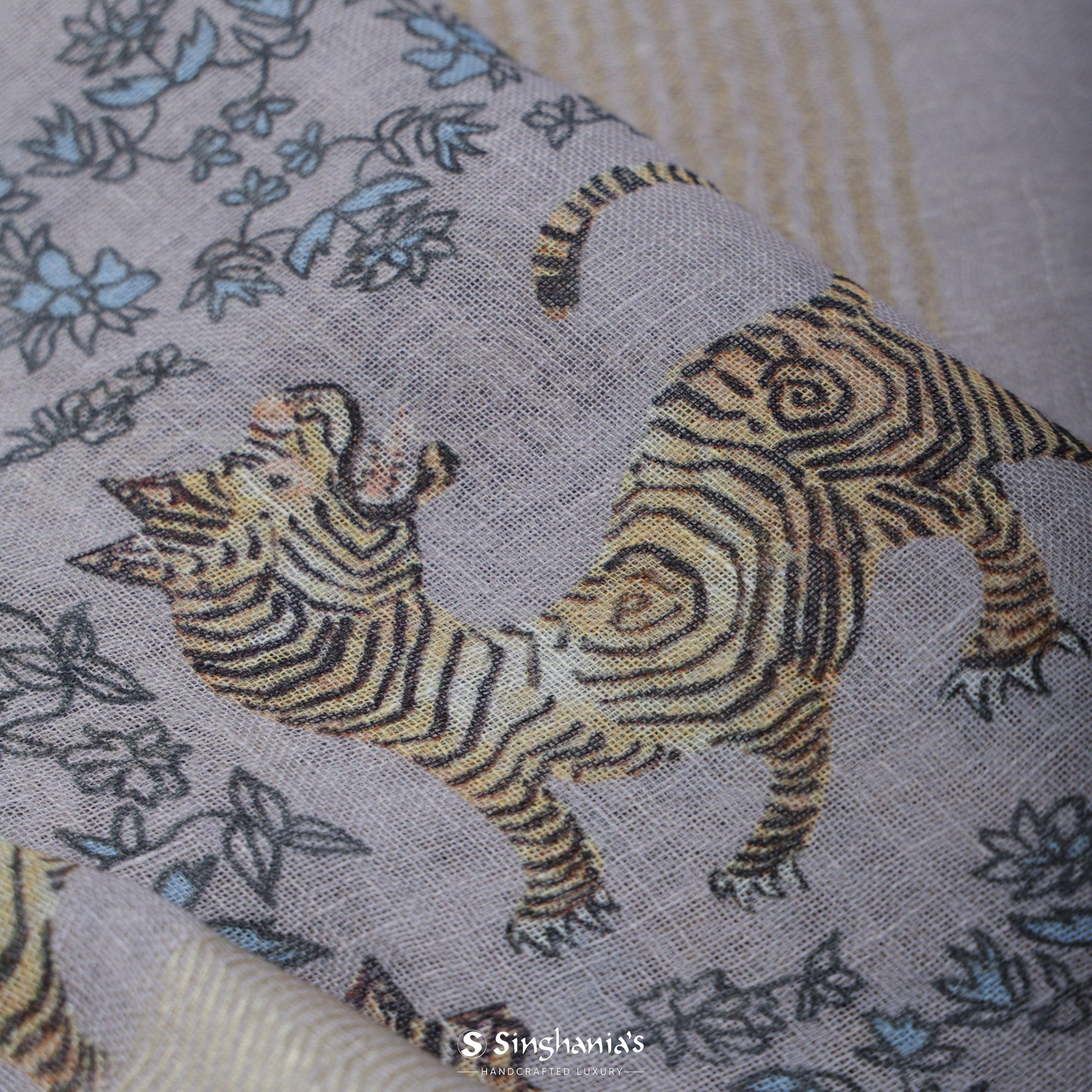 Pale Lavender Printed Linen Saree With Floral-Tiger Design