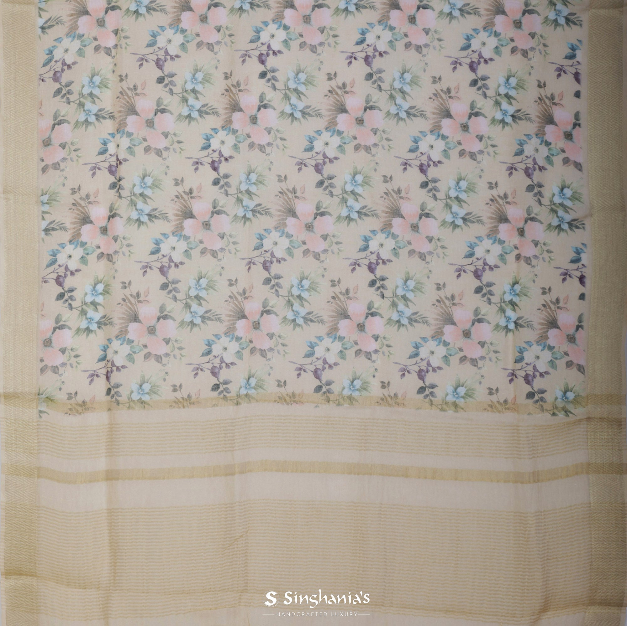 Pastel Cream Printed Linen Saree With Floral Jaal Design
