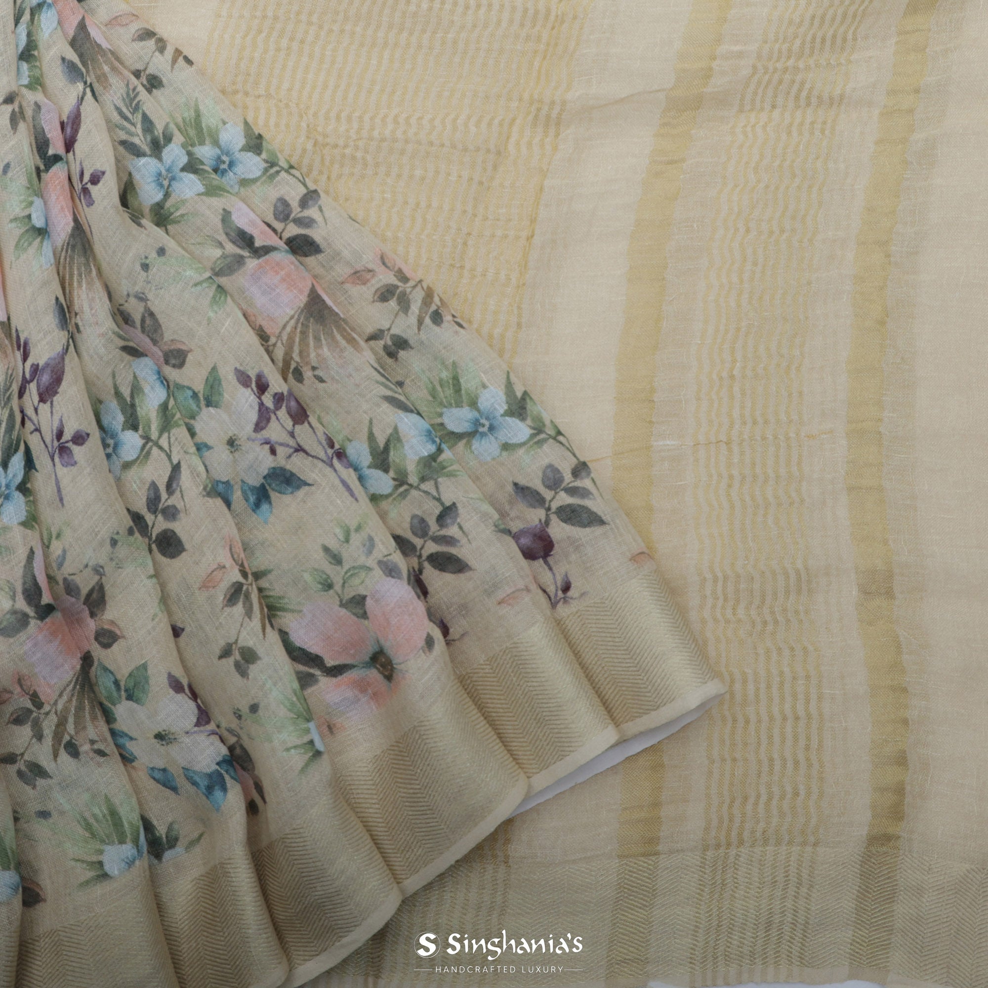 Pastel Cream Printed Linen Saree With Floral Jaal Design