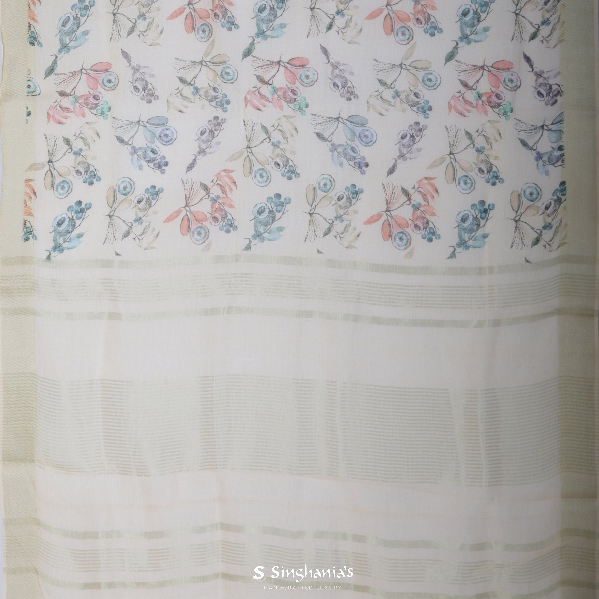 Antique White Printed Linen Saree With Floral Jaal Design