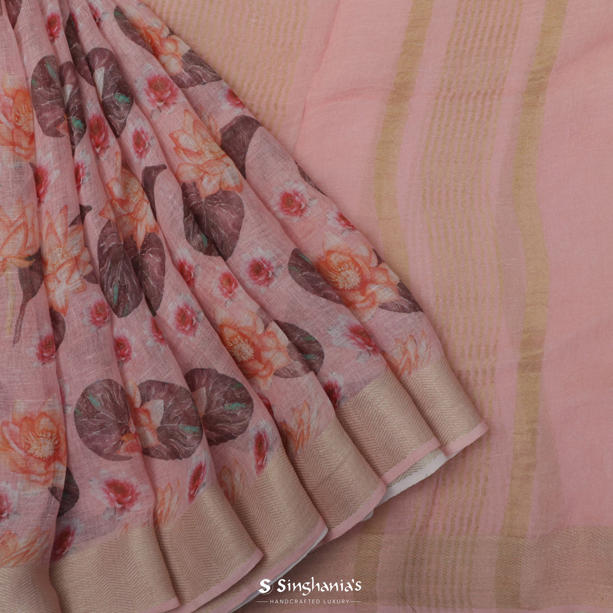 Careys Pink Printed Linen Saree With Floral Jaal Design