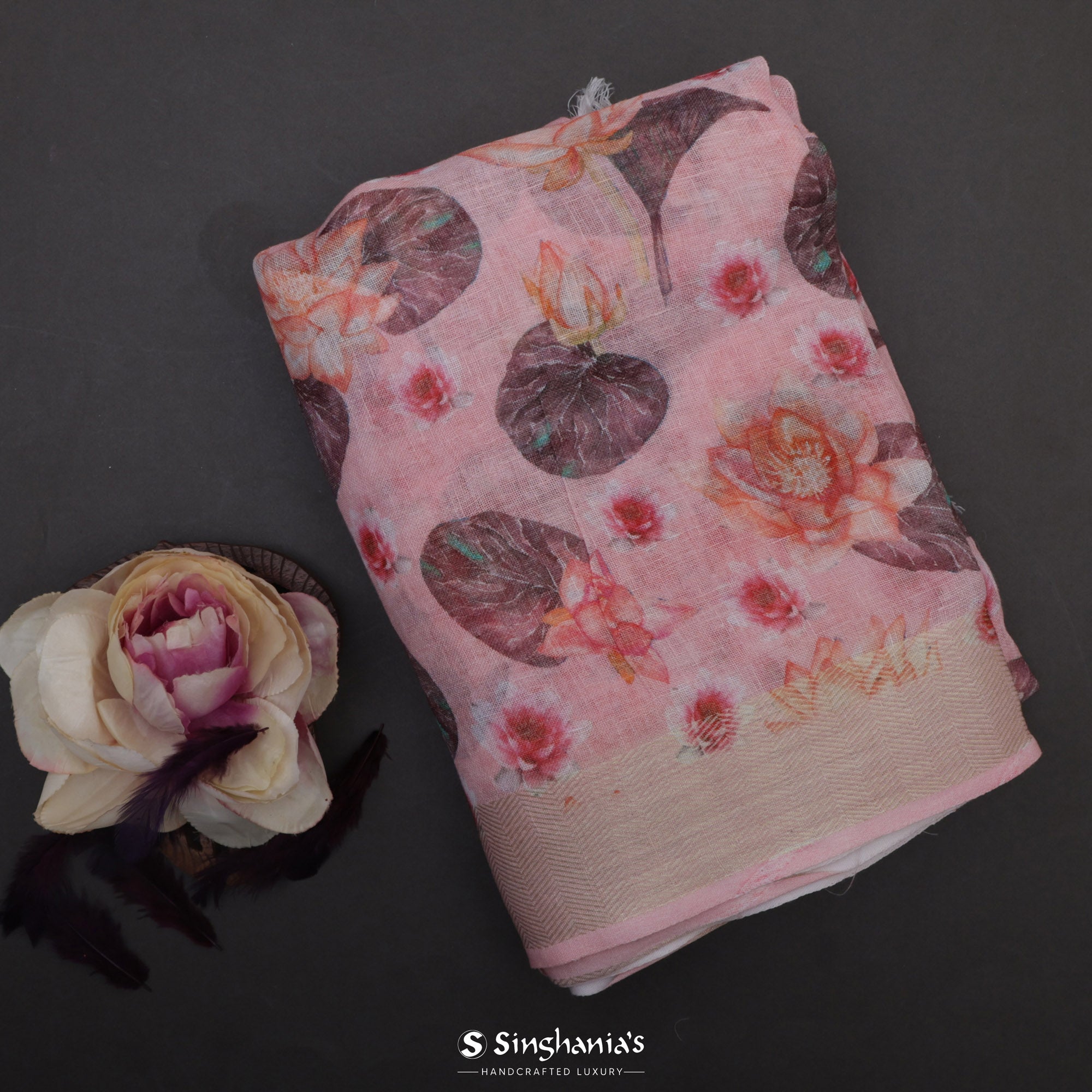 Bubblegum Pink Printed Linen Saree With Lotus Floral Design