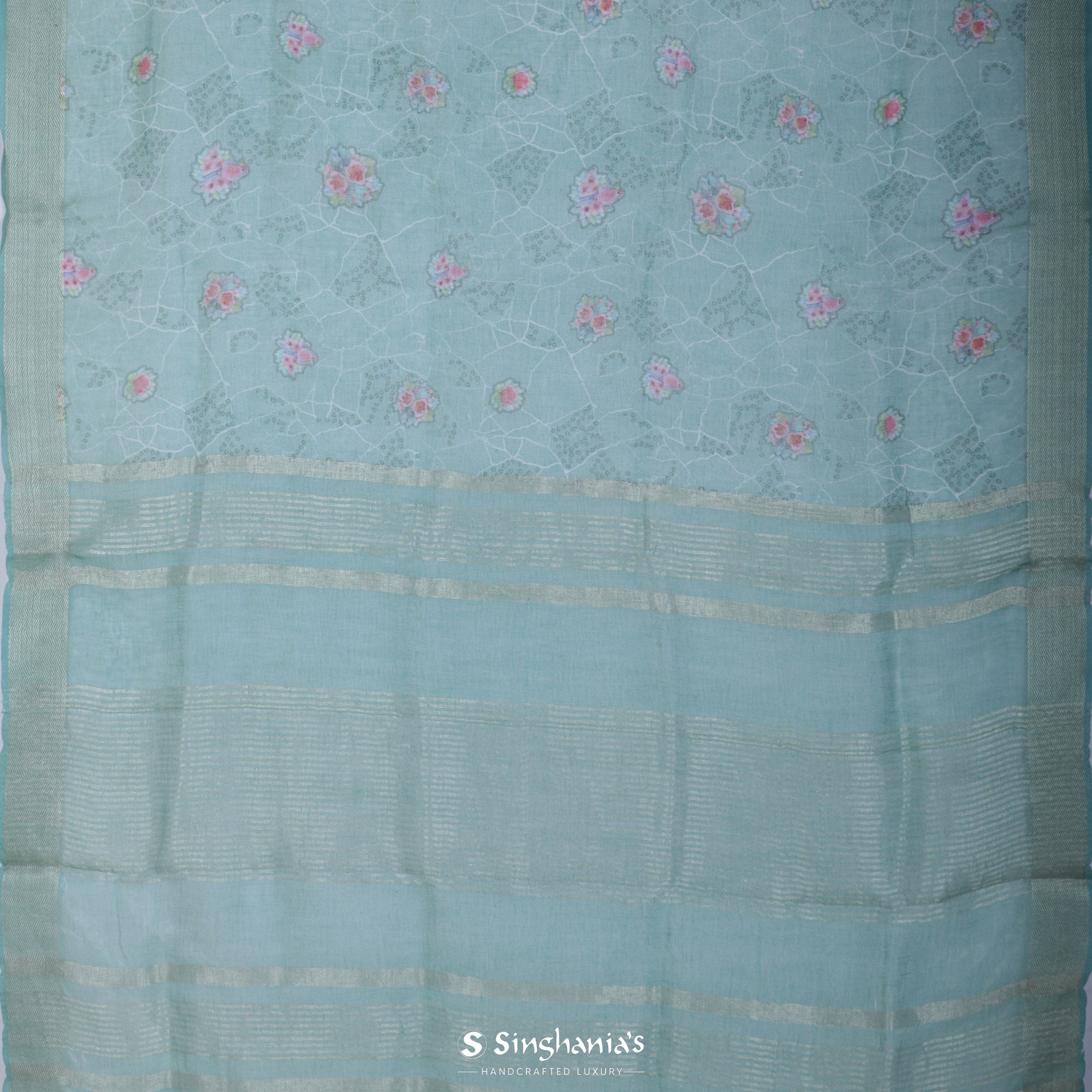 Turkish Blue Printed Linen Saree With Floral Jaal Pattern