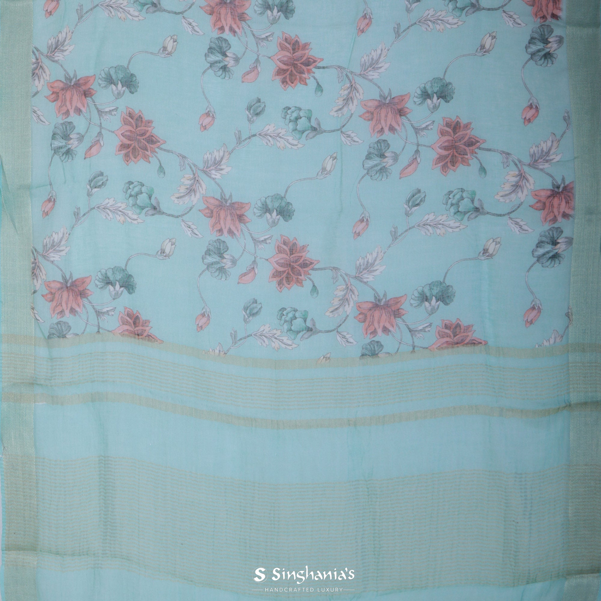 Tiffany Blue Printed Linen Saree With Floral Jaal Pattern