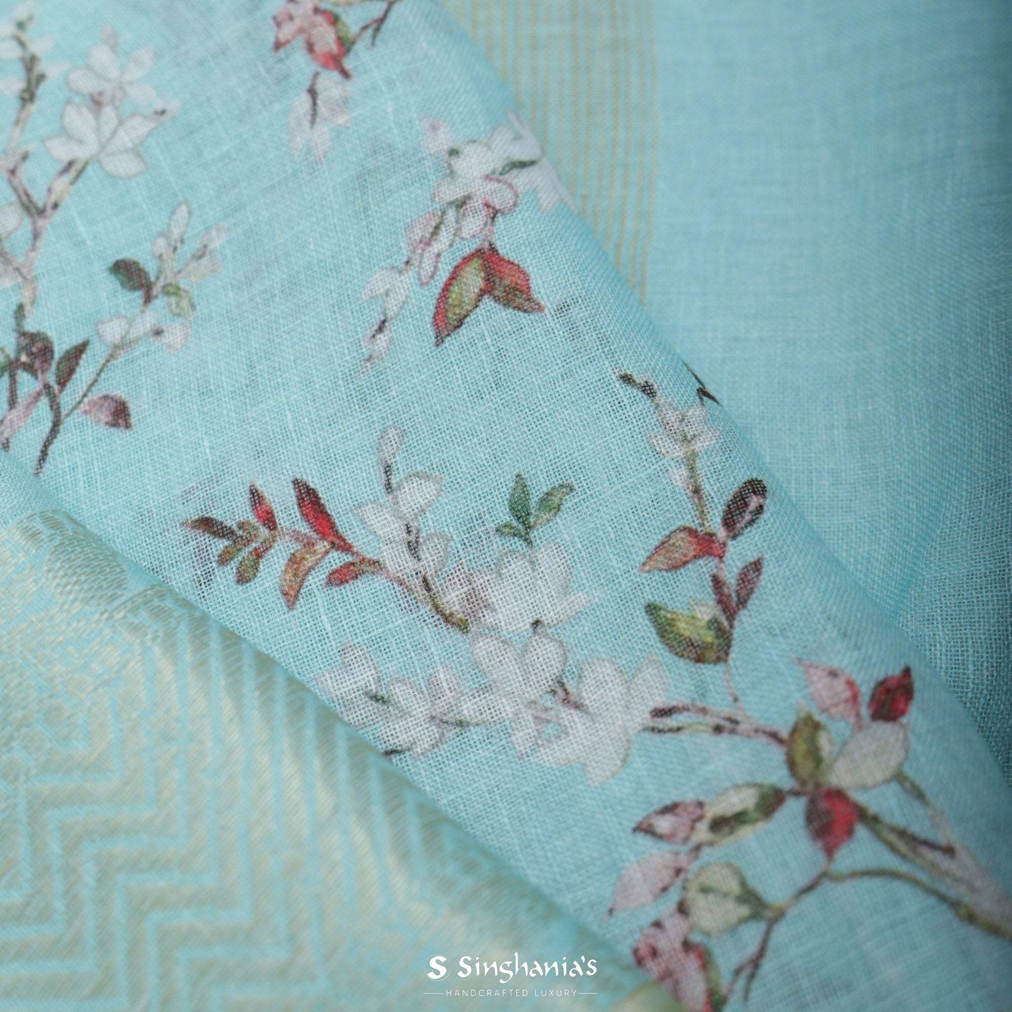 Celeste Blue Printed Linen Saree With Floral Jaal Design